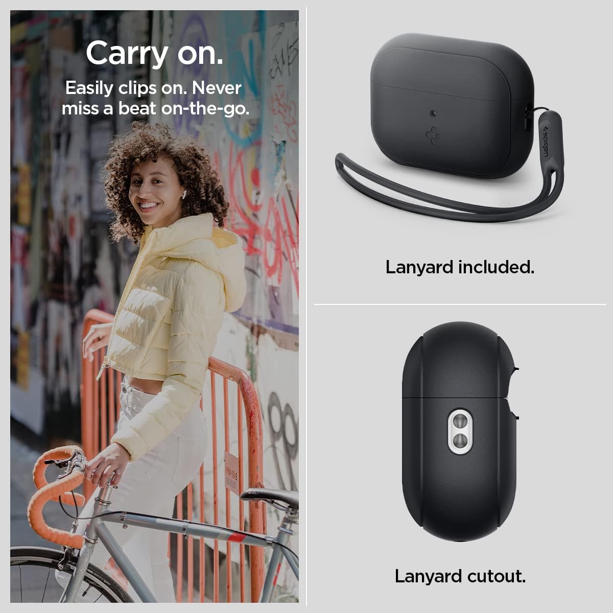 Spigen Funda de silicona diseñada para AirPods Pro de 2 generación 20222023 (cable USB-CLightening) Airpods Pro 2 con cordón, color negro y negro