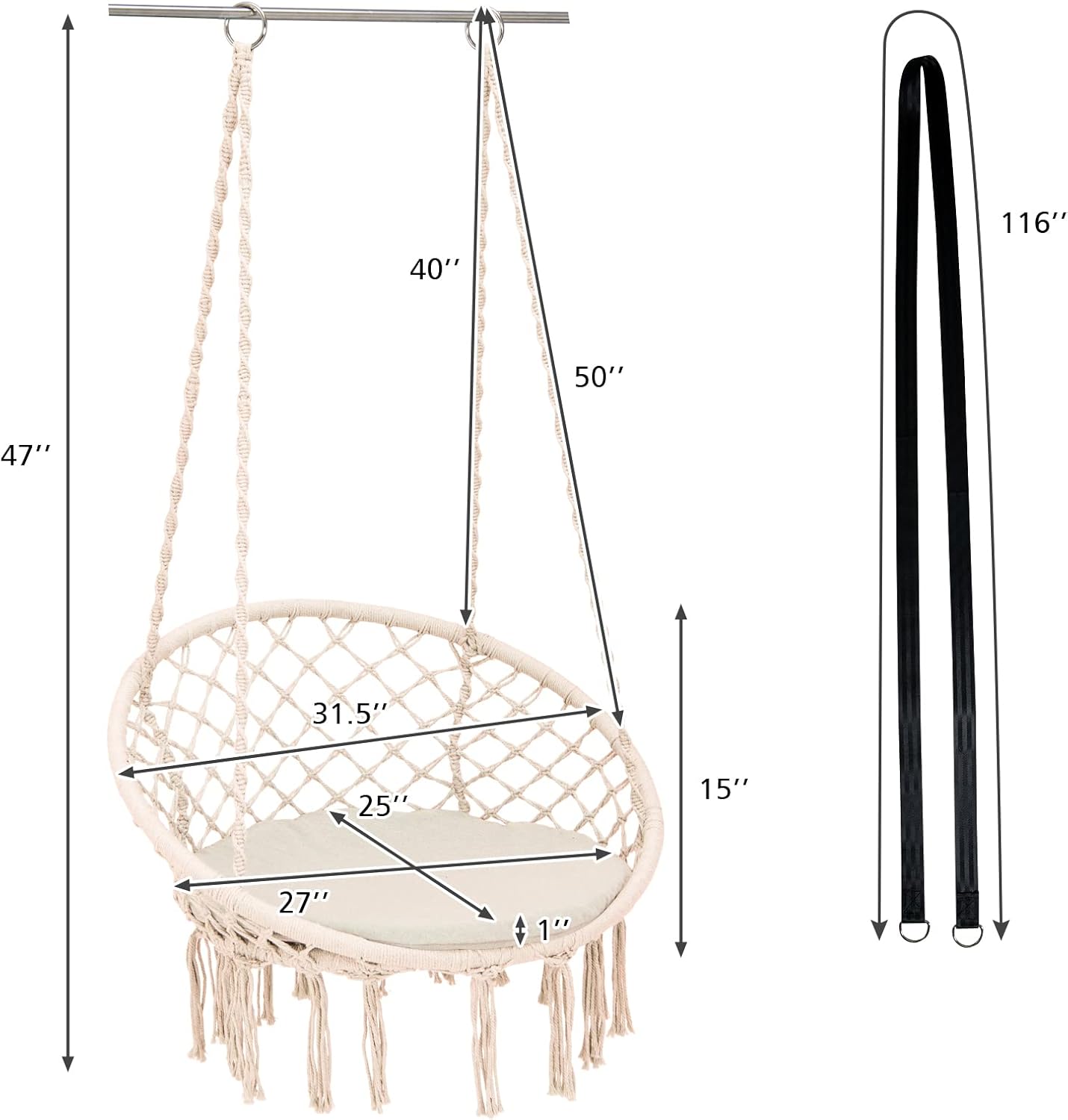 Giantex Silla hamaca de macramé  Silla colgante con cojín y kit de herramientas, capacidad de peso de 330 libras, columpio interior para soporte de