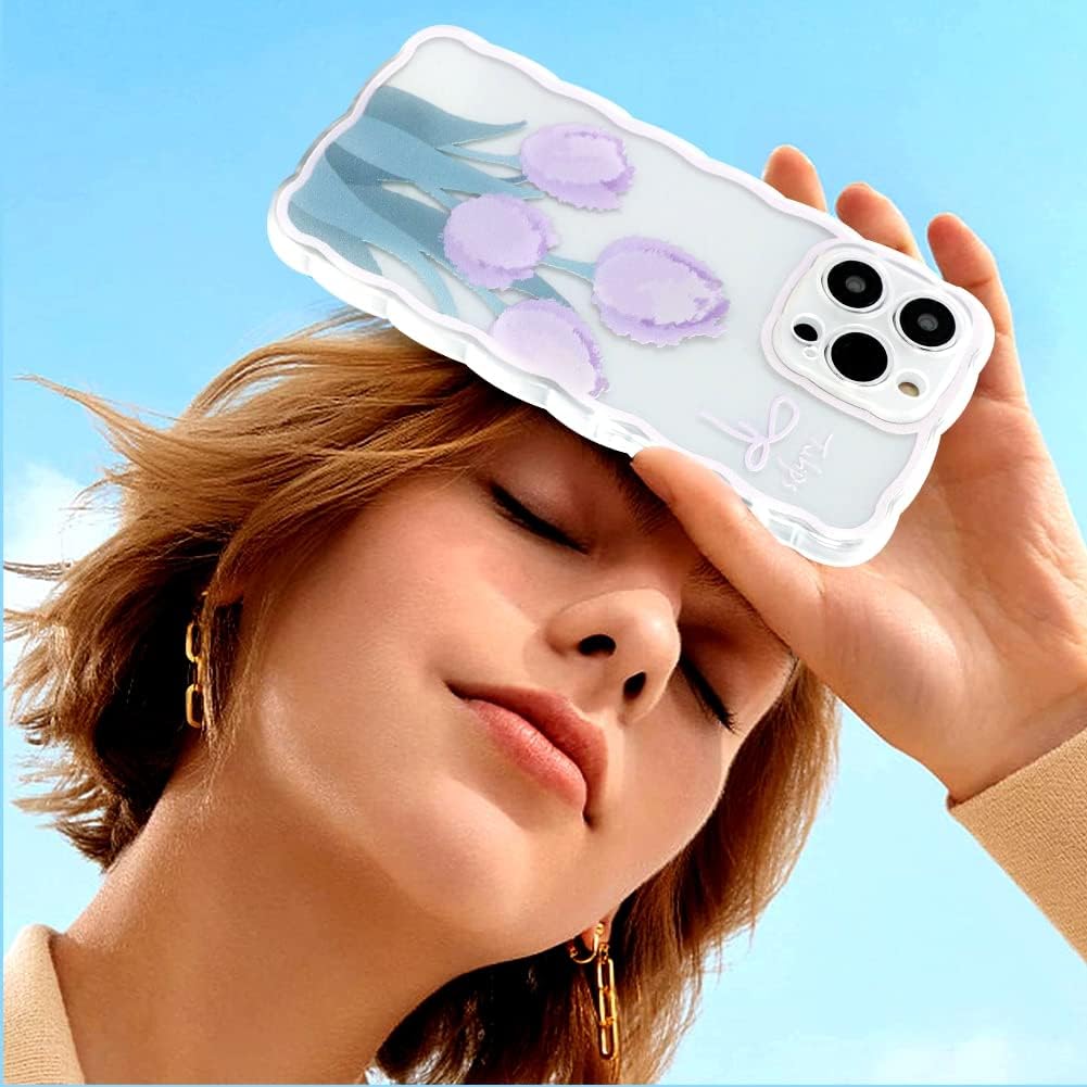 OOK Flower Designs – Funda transparente para iPhone 14 Pro Max, con protector de pantalla, bonito estampado de flores azules para niñas y mujeres,