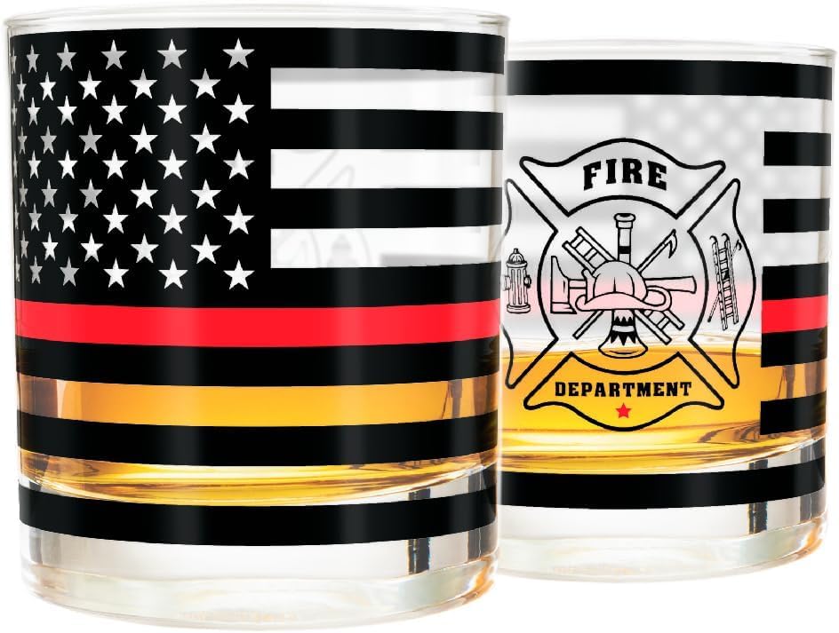Greenline Goods Thin Red Line – Vasos de whisky de bombero, estilo antiguo, juego de 2, 10 onzas, vasos clásicos de vidrio con gráficos de bandera
