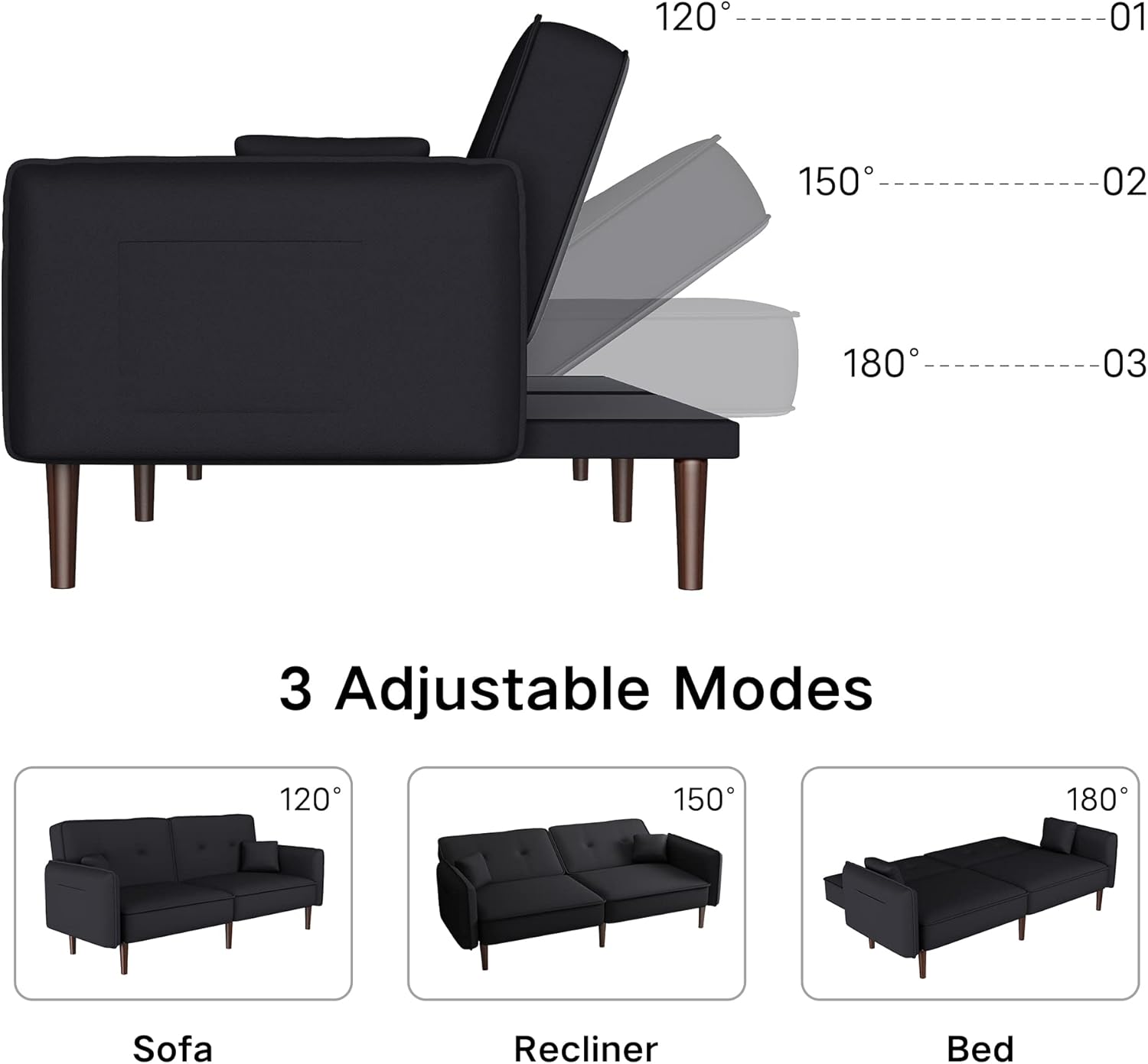 Sofá biplaza tipo futón, sofá cama convertible con bolsa para revistas, patas de madera maciza en tela negra para sala de estar, dormitorio,