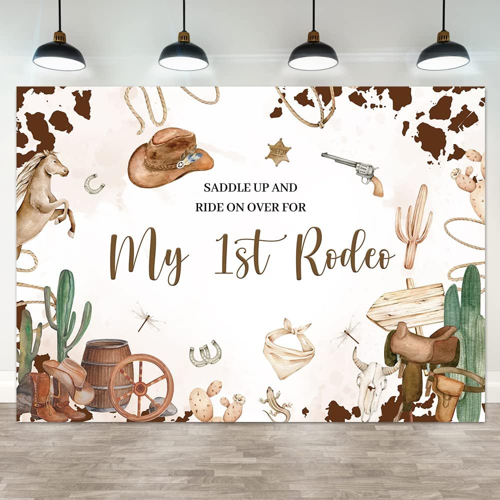 Hilioens Fondo de 7 x 5 pies con texto en inglés “My 1st Rodeo”, fondo de primer cumpleaños de vaquero occidental para niña, cactus del salvaje
