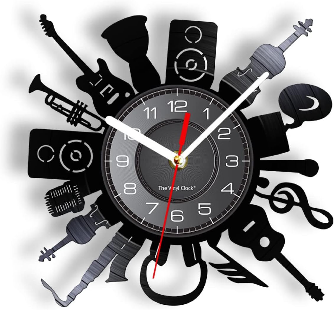 OTKU Reloj de pared de 12 pulgadas, banda de música, instrumentos, tema, reloj de pared, disco de vinilo, música, guitarra, trompeta, silencioso,