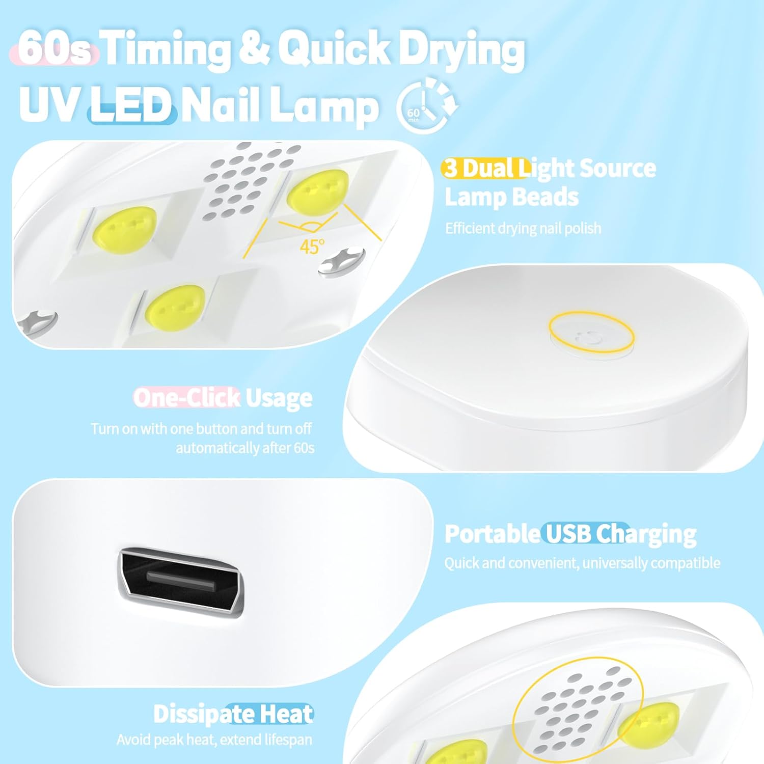 Luz UV para uñas, mini luz de curado de uñas, secador de uñas USB para secado rápido, lámpara de uñas LED UV de 16 W para uñas de gel, secador de