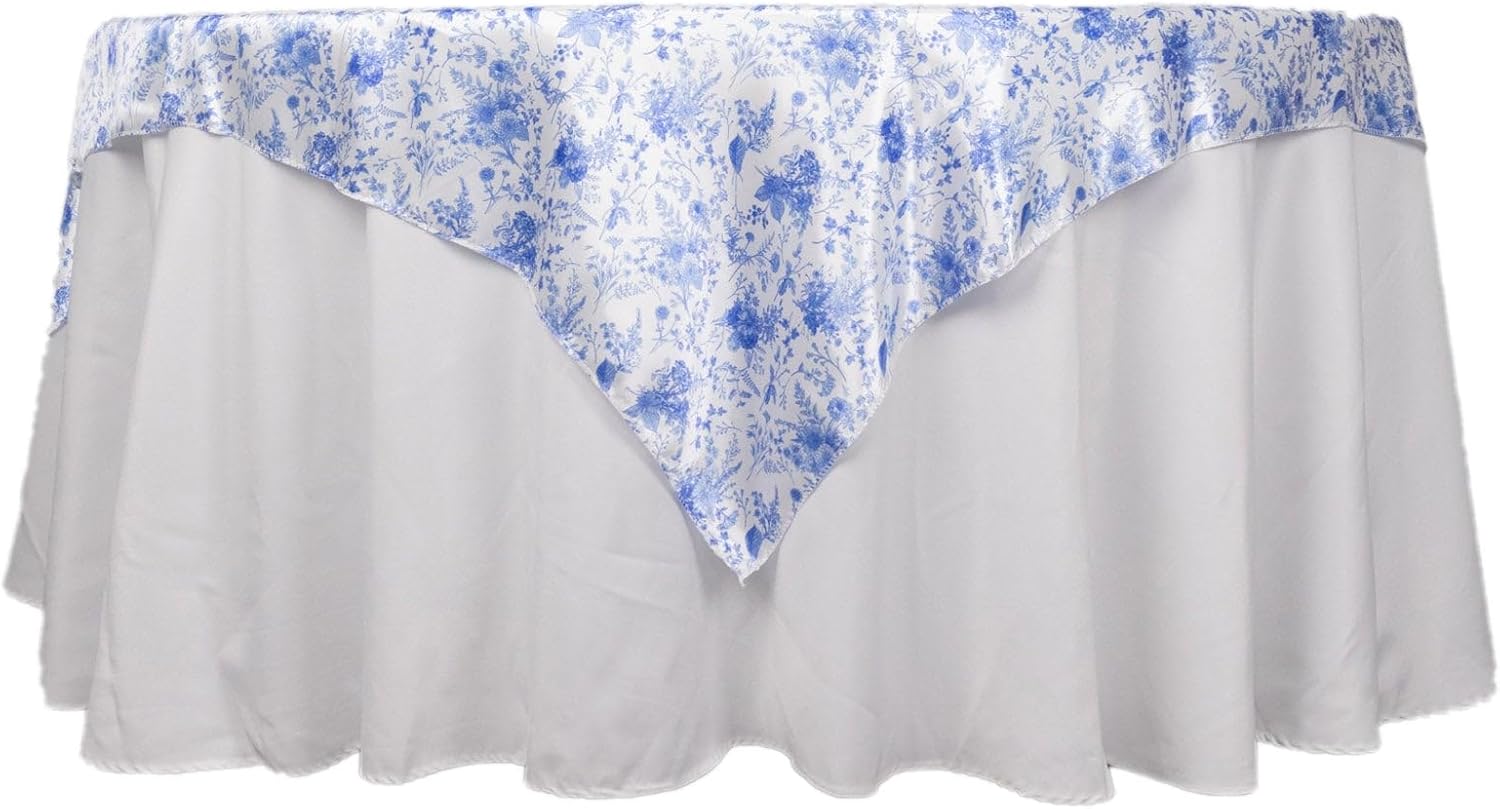 Efavormart – Mantel cuadrado de satén con estampado floral chinoiserie blanco y azul, 72 x 72 pulgadas