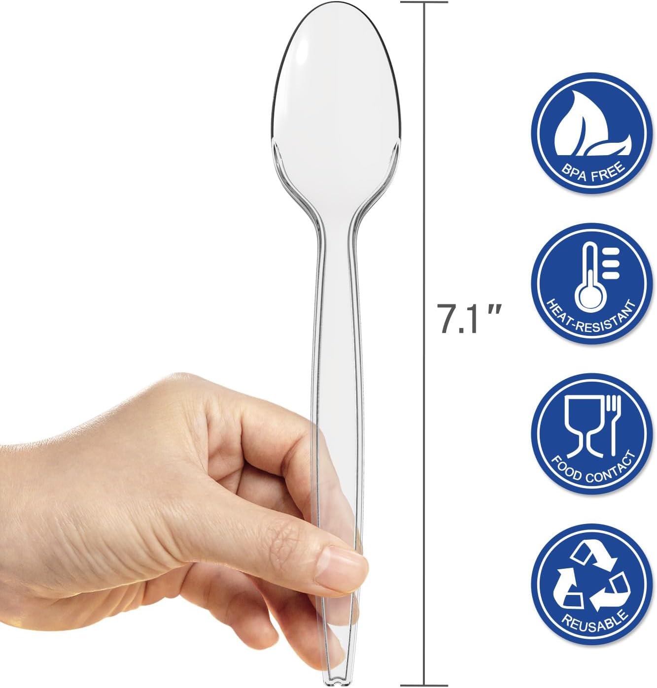 POSATE Cucharas de plástico desechables extralargas de 7.1 pulgadas (100 unidades), tamaño grande para adultos, plástico resistente de grado