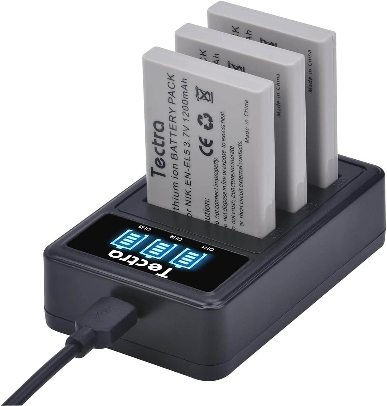 Tectra 3 baterías EN-EL5 ENEL5 + cargador USB LED de 3 ranuras para Nikon Coolpix P3, P4, P90, P80, P100, P500, P510, P520, P530, P5000, P6000, S10,