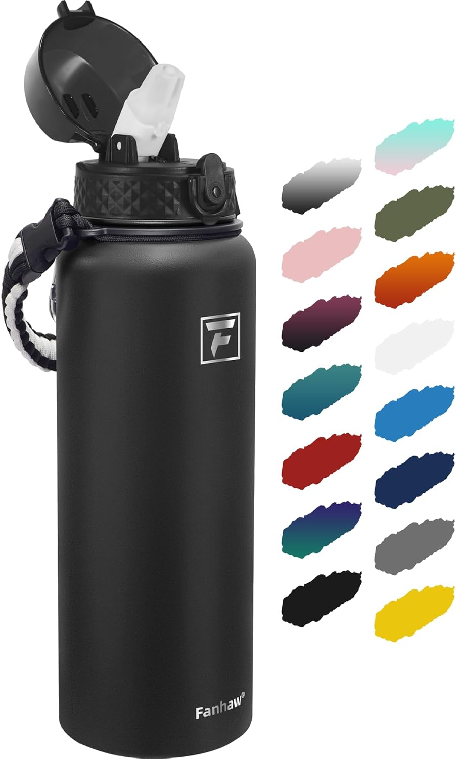 Fanhaw Botella de agua aislada de acero inoxidable de 40 onzas con tapa con popote, a prueba de fugas y sudor, con tapa antipolvo (negro)