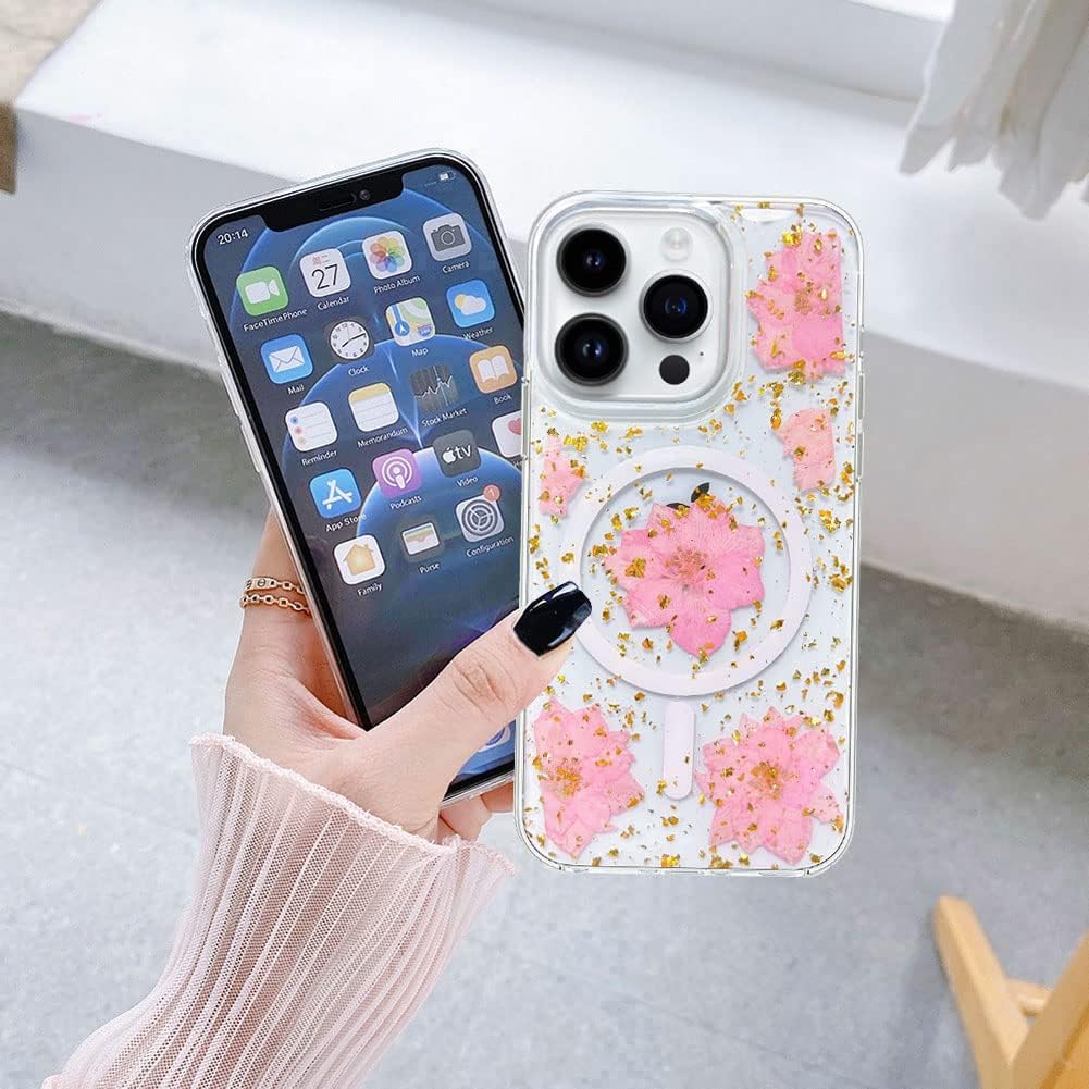 Abbery Funda magnética para iPhone 14 Pro Max de 6.7 pulgadas, compatible con MagSafe Cute Clear with Design Glitter Sparkle Real Dry Pressed Flower