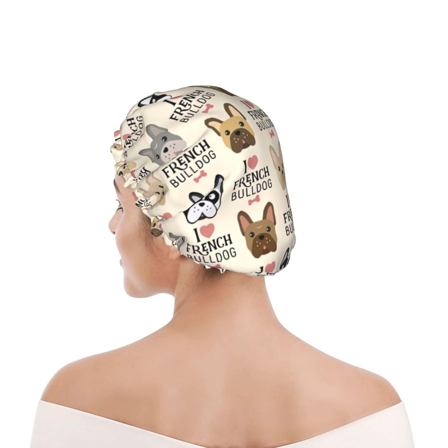 Gorro de ducha de perro francés para mujer, elástico y reutilizable, doble capa impermeable sombrero de baño