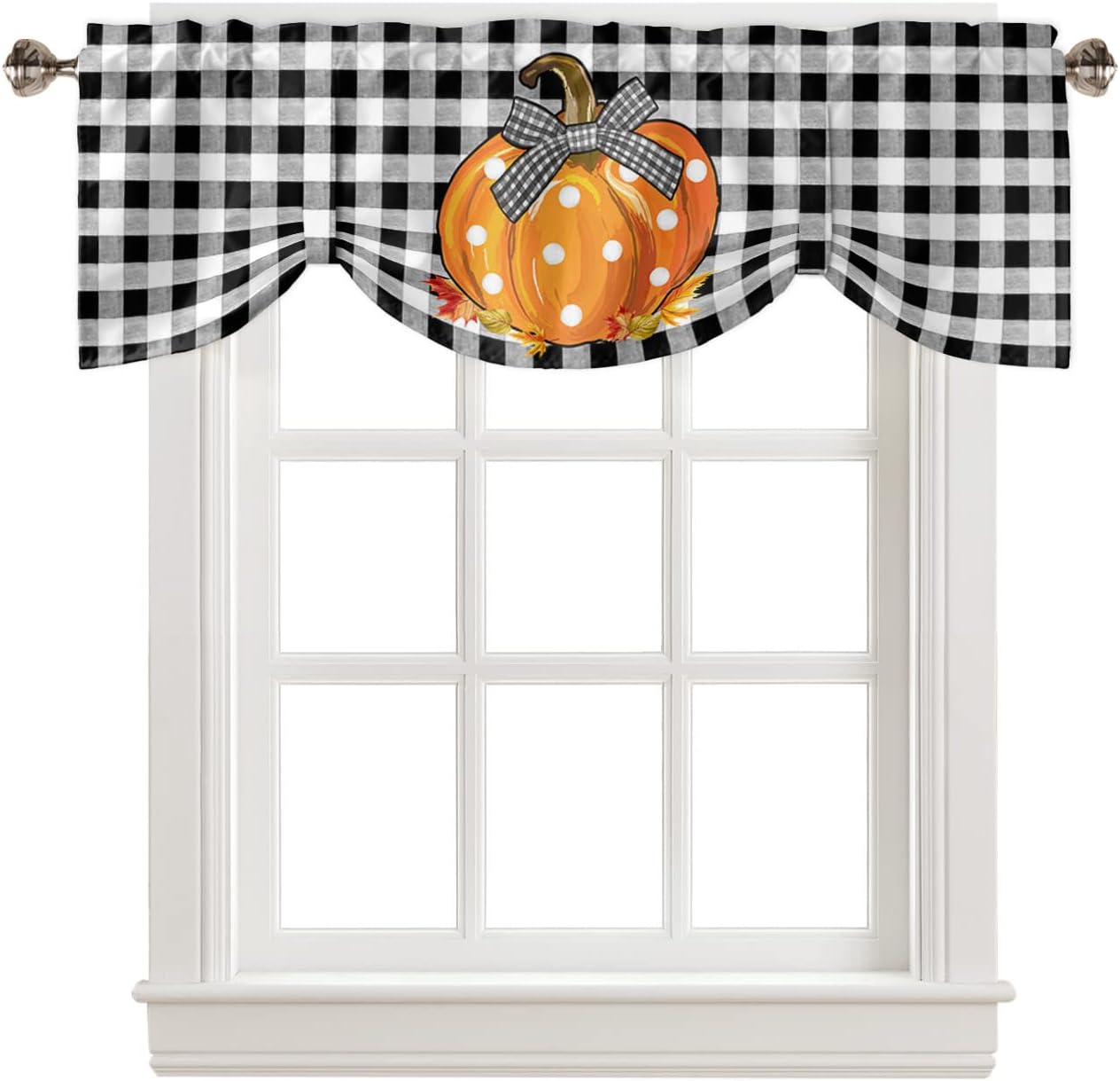 Cortina de cenefa de amarre de 42 x 18 pulgadas para ventanas, diseño de calabaza de Acción de Gracias, color negro y blanco, a cuadros, ajustable,
