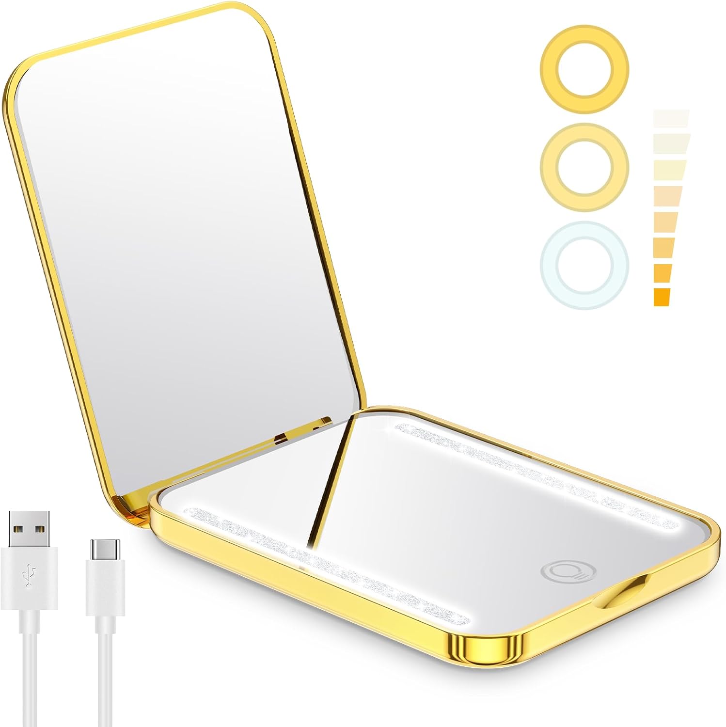 Benbilry Mini espejo compacto de maquillaje de viaje con luz, espejo de bolsillo recargable con 3 colores LED regulables y aumento 1X3X, memoria de