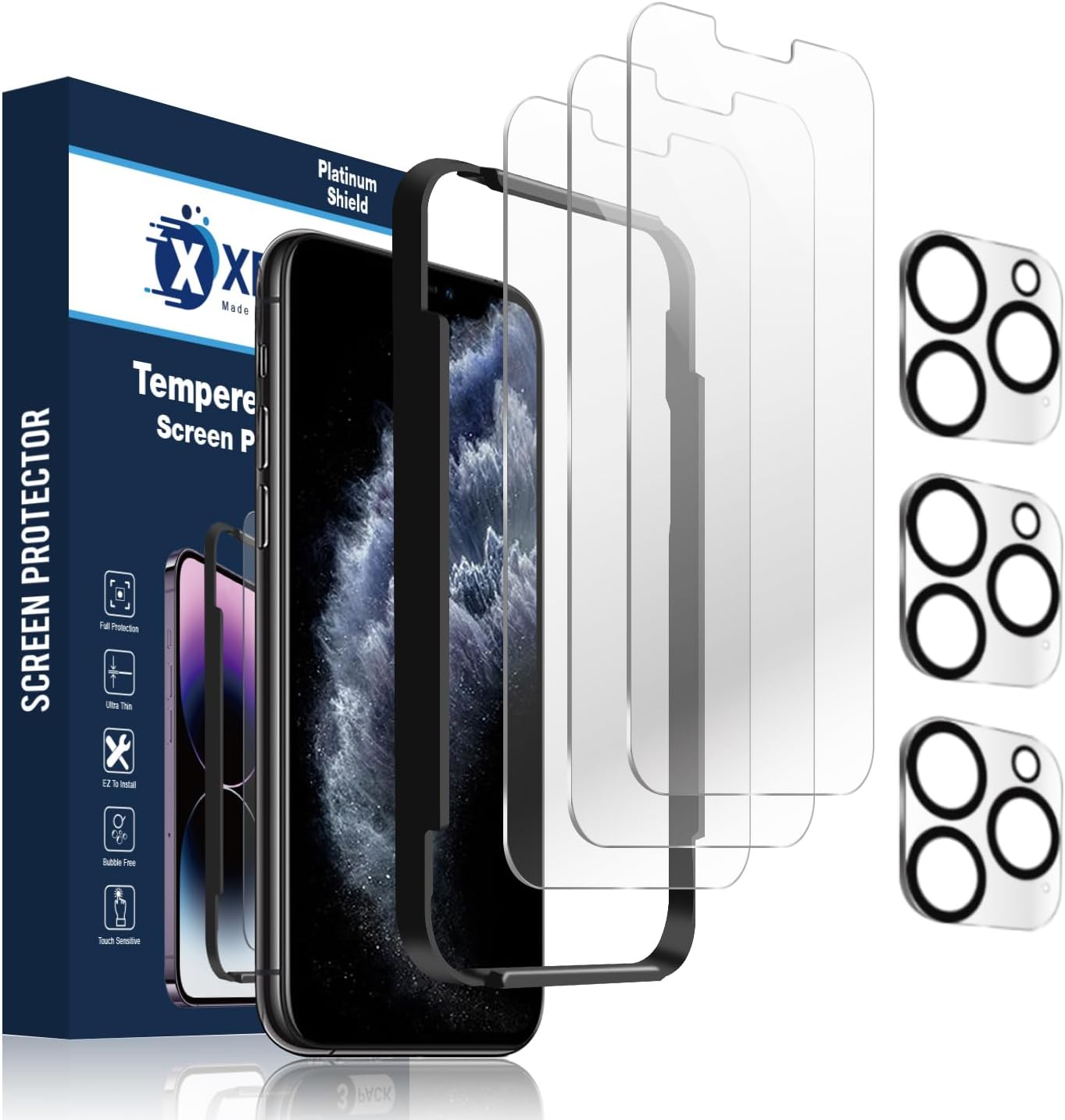 Xréel Platinum Shield compatible con iPhone 11 Pro Max, protector de pantalla de vidrio templado y protector de lente de cámara (paquete de 3),