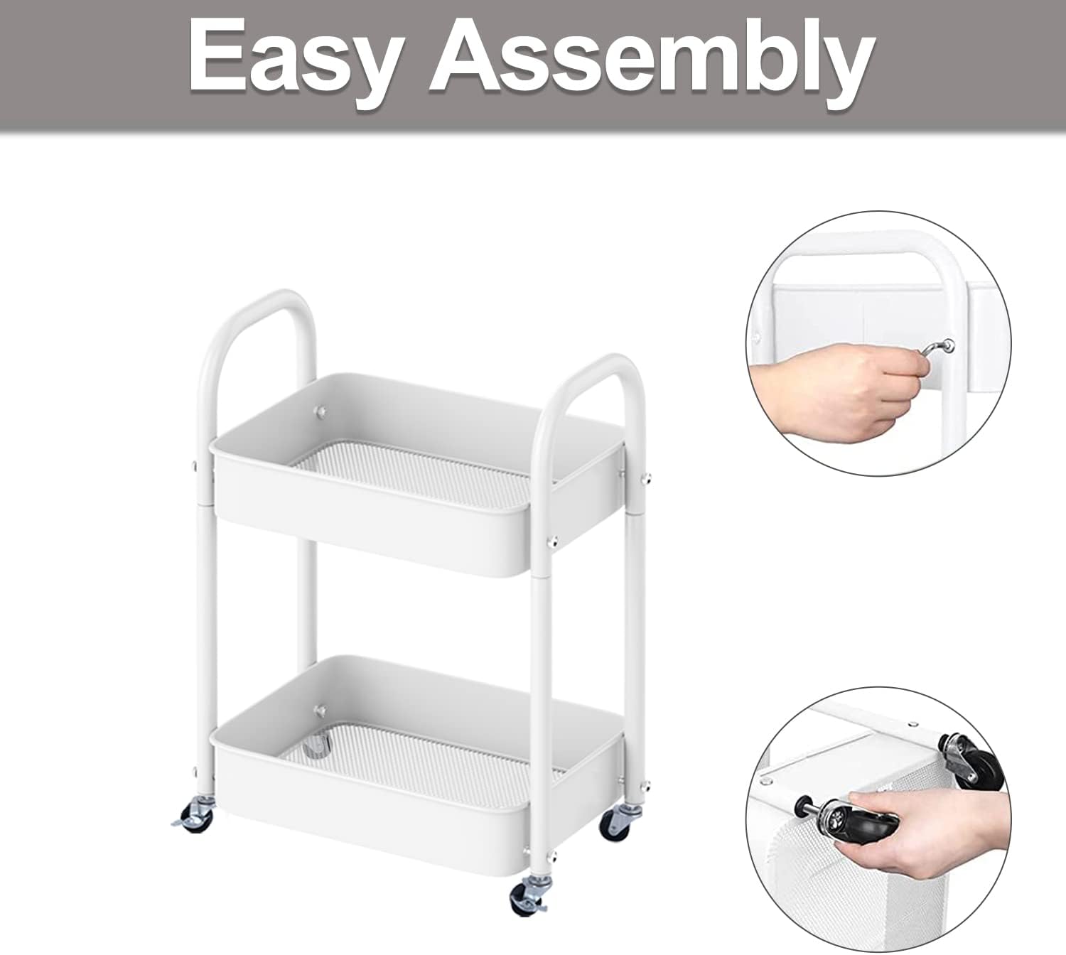 Melody House Carrito de almacenamiento de 2 niveles totalmente metálico, carrito de almacenamiento con asa y ruedas de bloqueo, carrito de cocina,