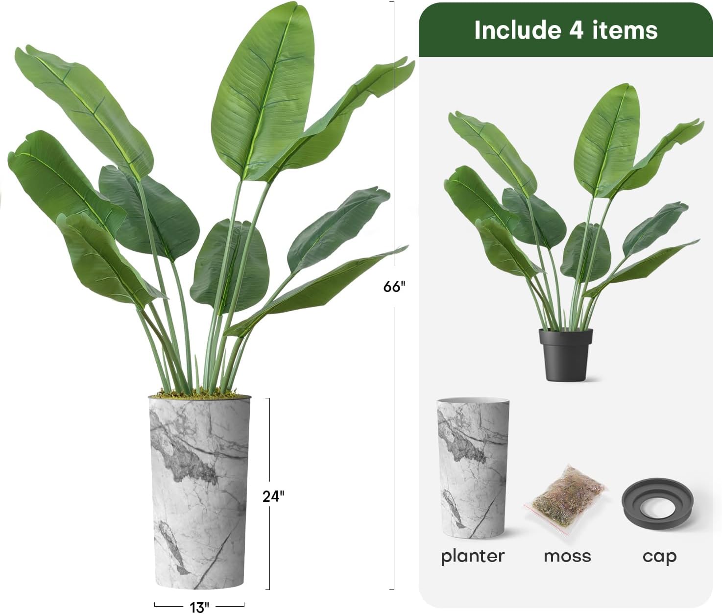 Árbol artificial en macetero con efecto de mármol gris, hojas de plátano falsas de seda para decoración del hogar en interiores y exteriores, altura