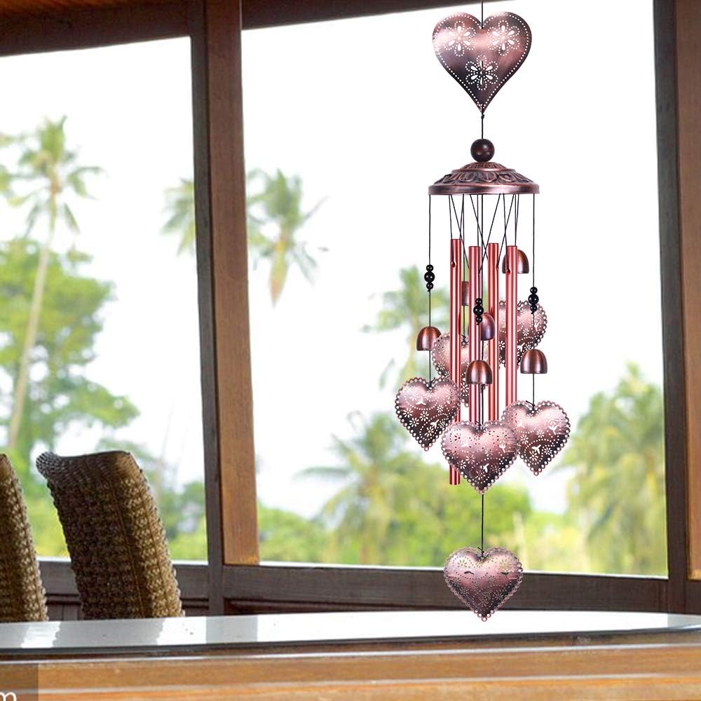 Carillones de viento de corazón amoroso para decoración de interiores y exteriores, con 4 tubos de aluminio, 6 campanas, 7 corazones, captador de