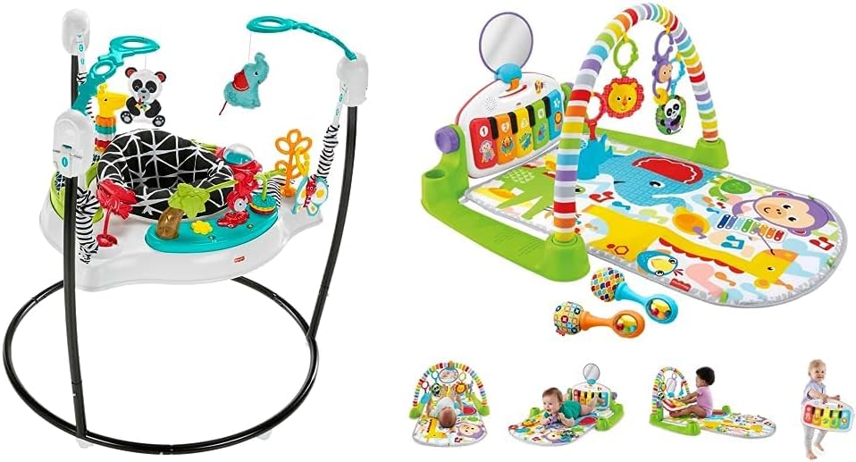 Fisher-Price Baby Bouncer Animal Wonders Jumperoo Activity Center & Fisher-Price Baby Playmat Deluxe Kick & Play Piano Gym & Maracas con escenarios