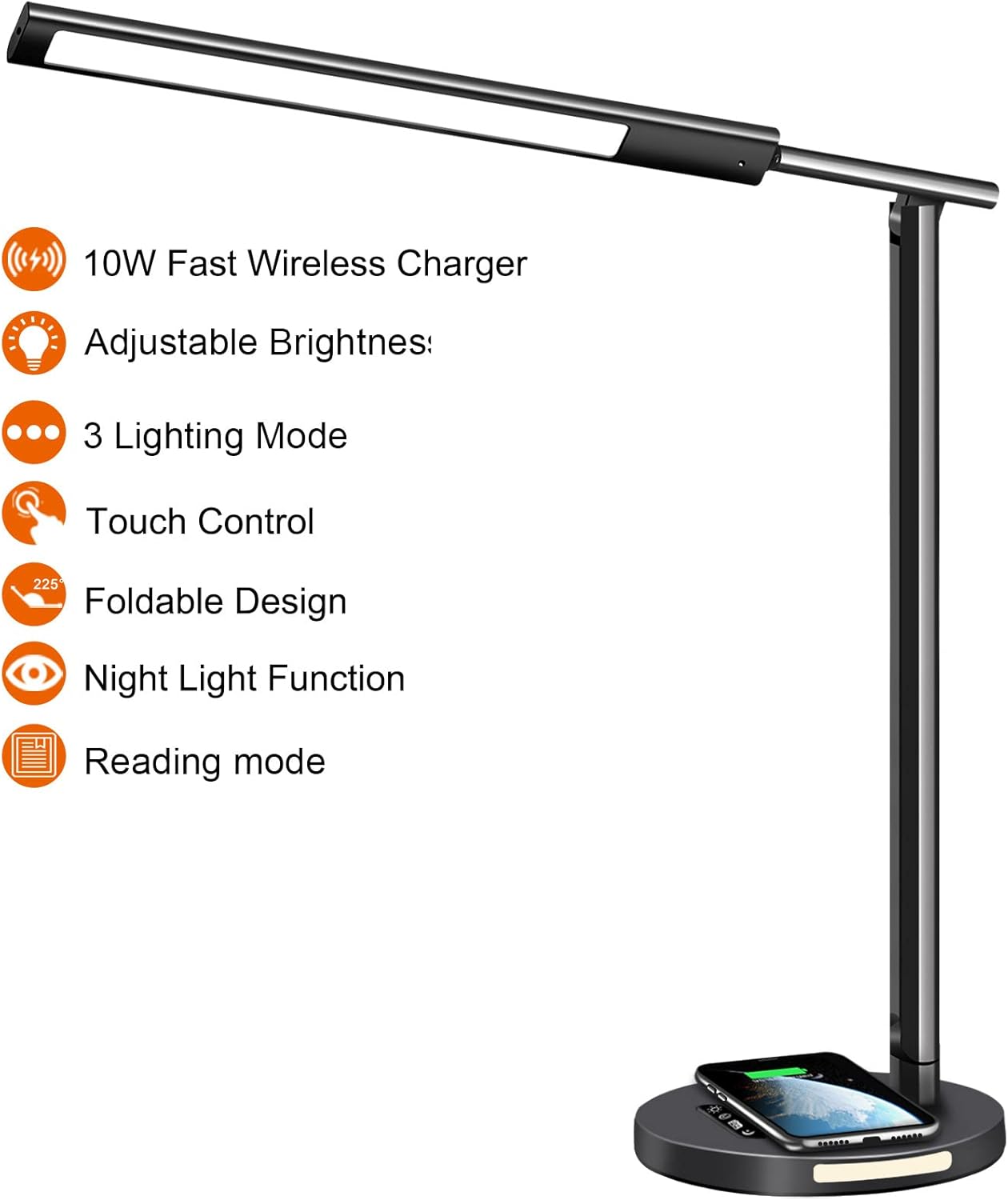 AFROG Lámpara de escritorio LED multifuncional 8 en 1 con cargador inalámbrico rápido de 10 W, puerto de carga USB, luz nocturna, 1200Lux súper