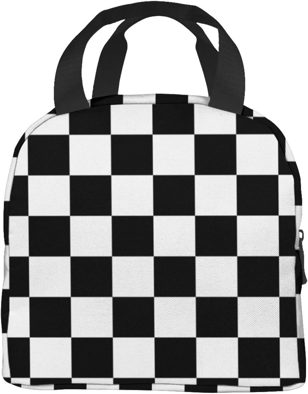 Bolsa de almuerzo aislada portátil con bandera a cuadros de raza blanca y negra, caja de almuerzo reutilizable para hombres, mujeres y niños