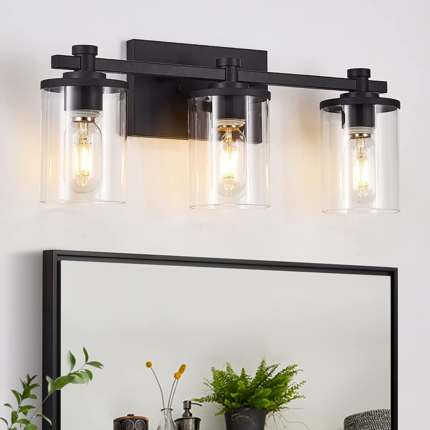 DADUL Lámparas de baño de 3 luces, lámparas de tocador de baño negro mate sobre el espejo, apliques de pared de baño para dormitorio, pasillo, sala