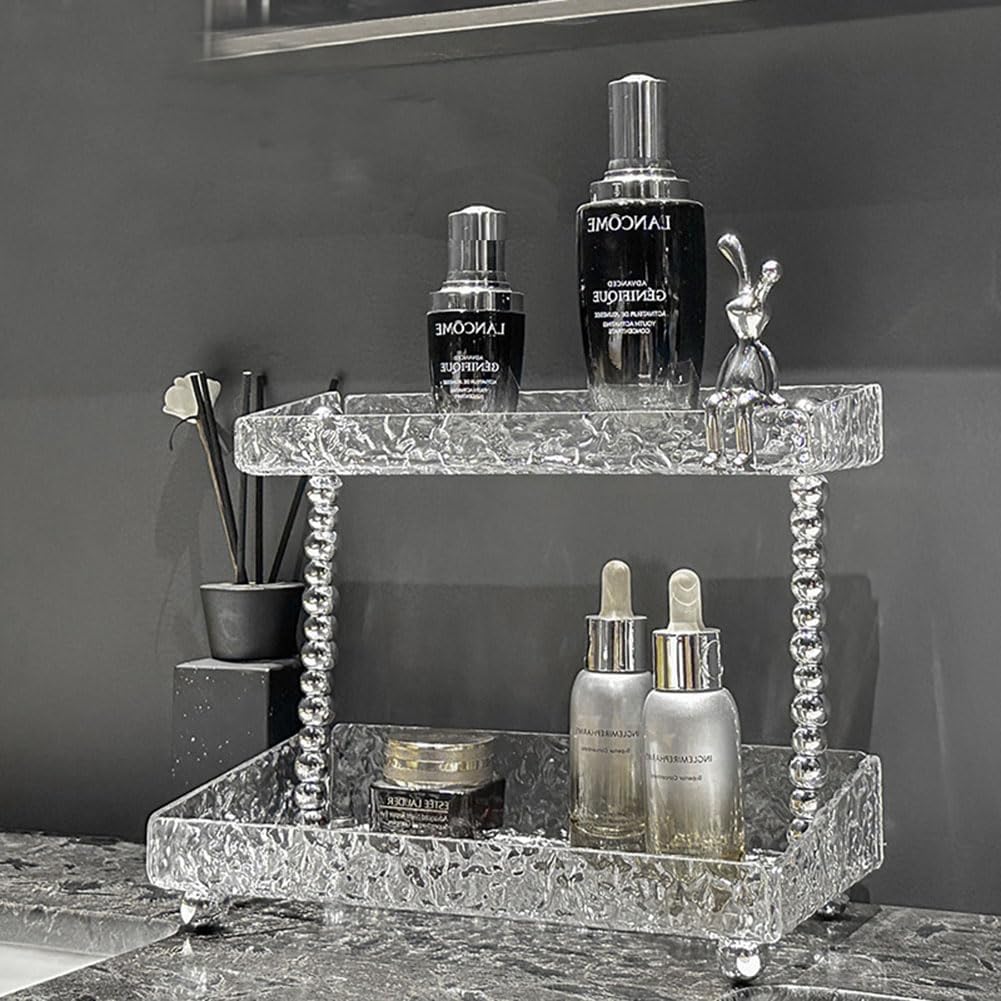 Soporte de escritorio de 2 niveles, organizador de encimera de baño, bandeja acrílica con textura de piedra translúcida para especias,