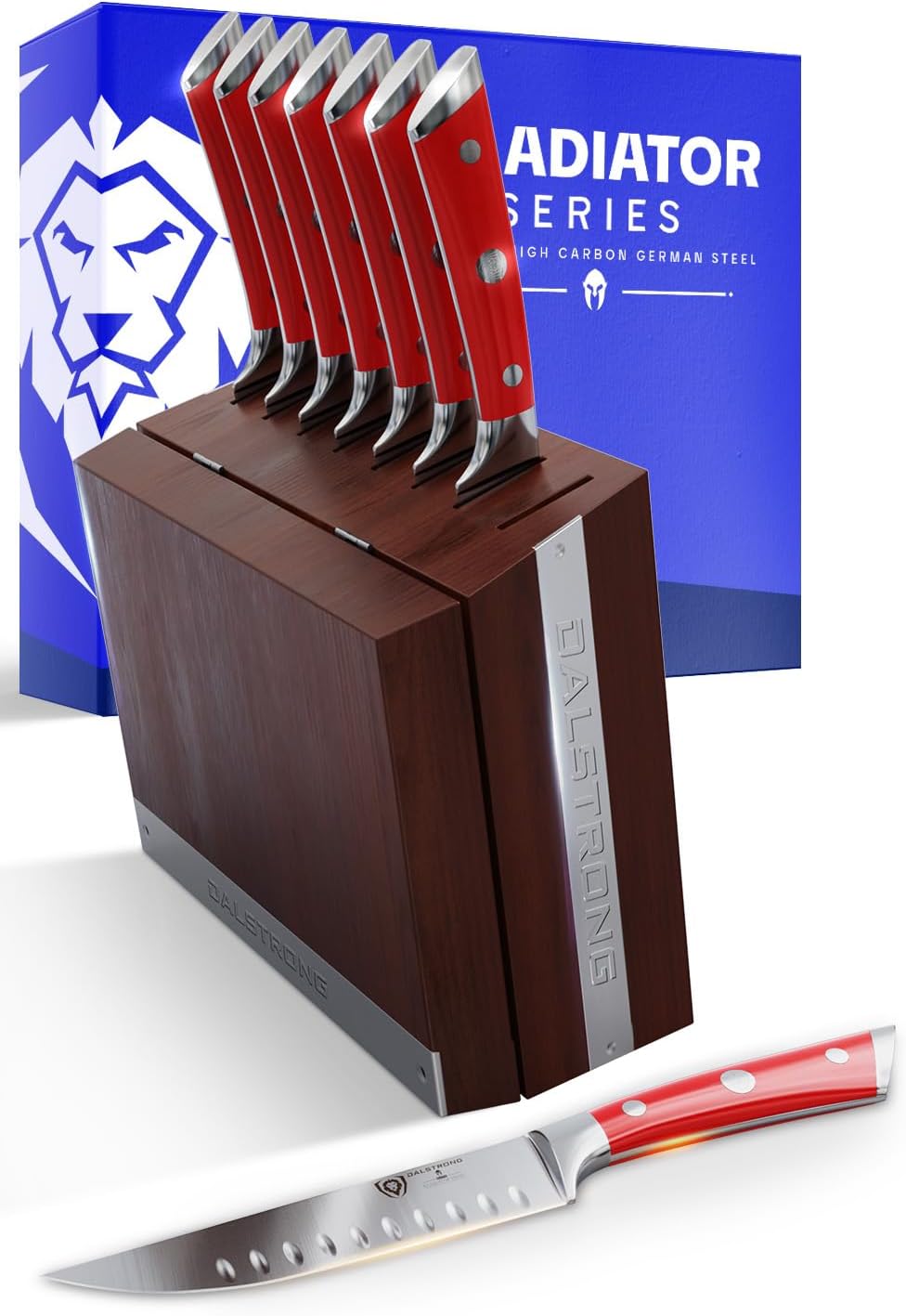 Dalstrong Juego de cuchillos para carne, 8 piezas, hoja de borde recto de 5 pulgadas, Gladiator Series Elite, cuchillo de cocina forjado de acero