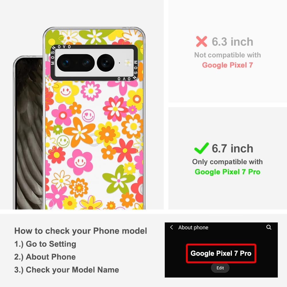 MOSNOVO Funda compatible con Google Pixel 7 Pro 5G, diseño floral transparente de los años 70, carcasa rígida de plástico transparente con