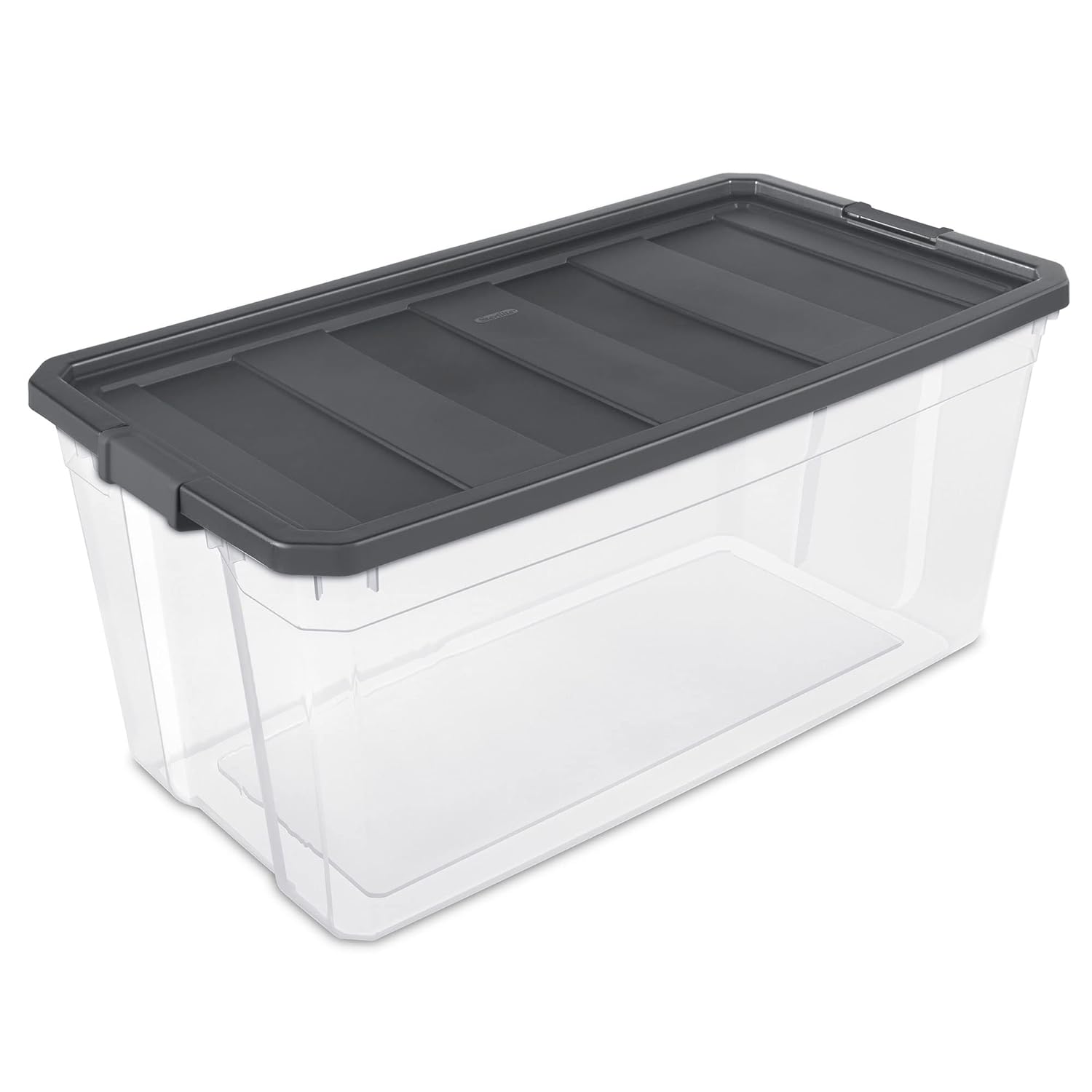 Sterilite Contenedor modular de plástico transparente de 200 cuartos de galón con tapa de pestillo, base transparente y superficie texturizada de