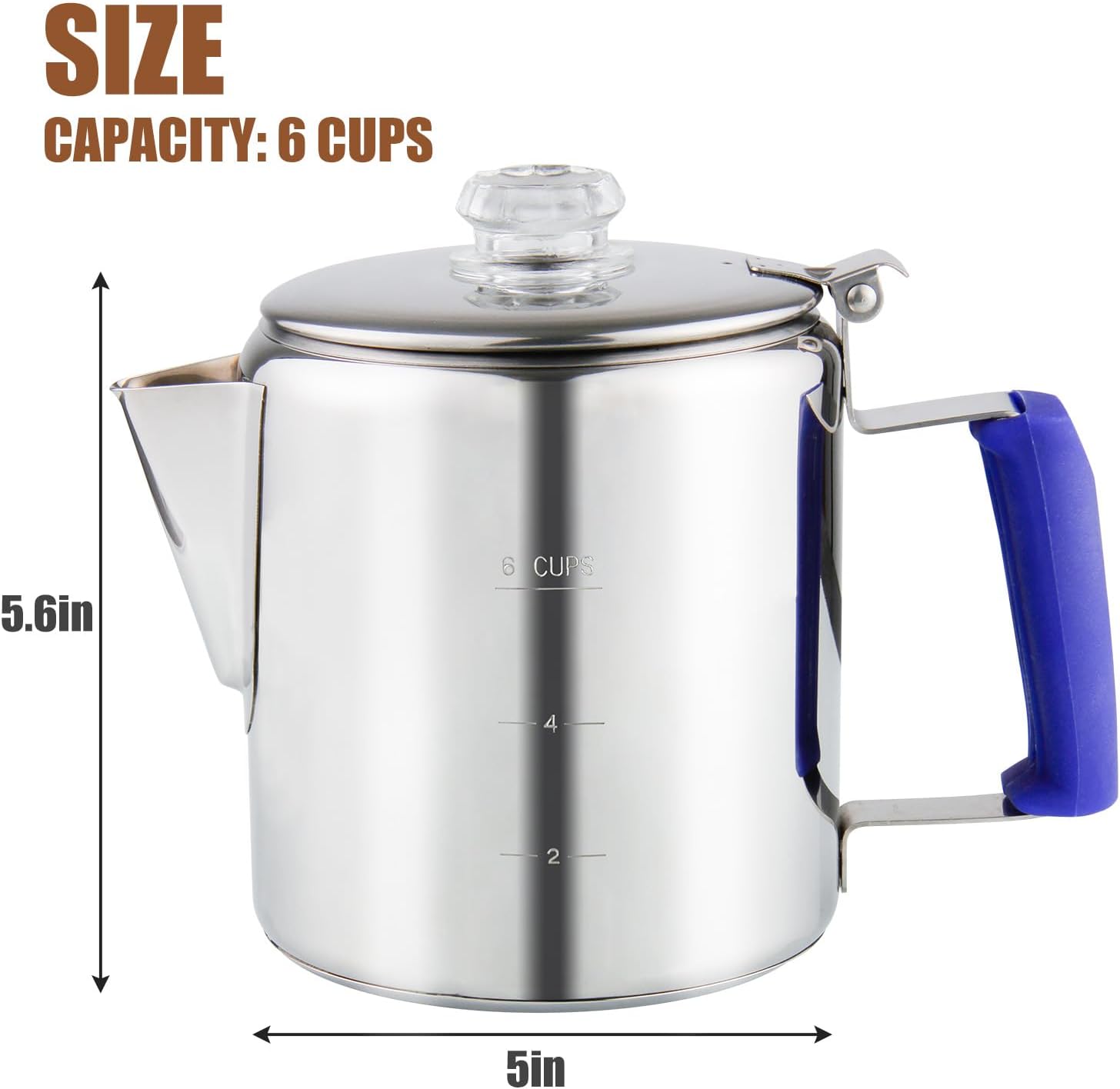 Percolador de café multiusos con perilla de vidrio resistente al calor y mango de gel de sílice azul, cafetera de acero inoxidable para cocina de