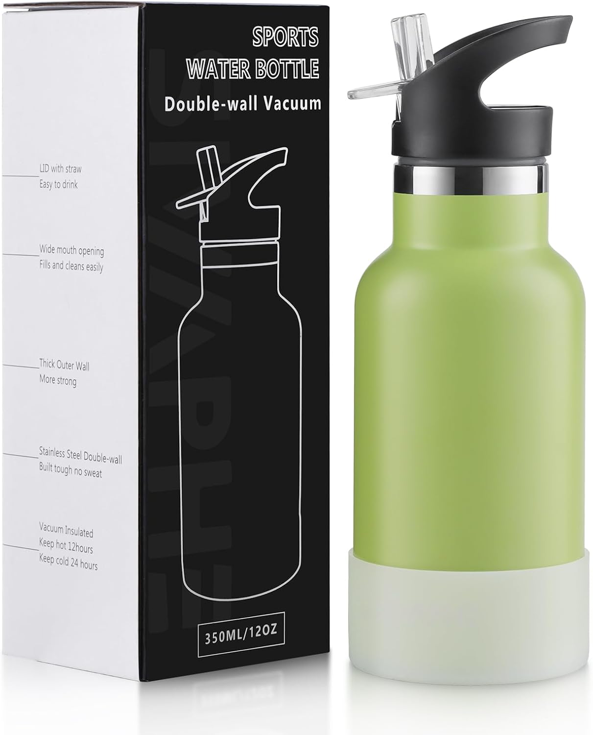 Botella de agua para niños de 12 onzas con tapas de pajilla, botella de metal de acero inoxidable para niñas y niños