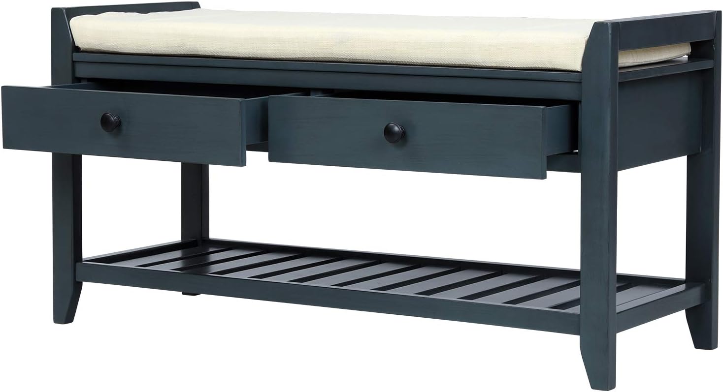 Knocbel Zapatero con 2 cajones, banco de almacenamiento de 39 pulgadas con asiento acolchado y estante inferior, bancos de mesa auxiliar para