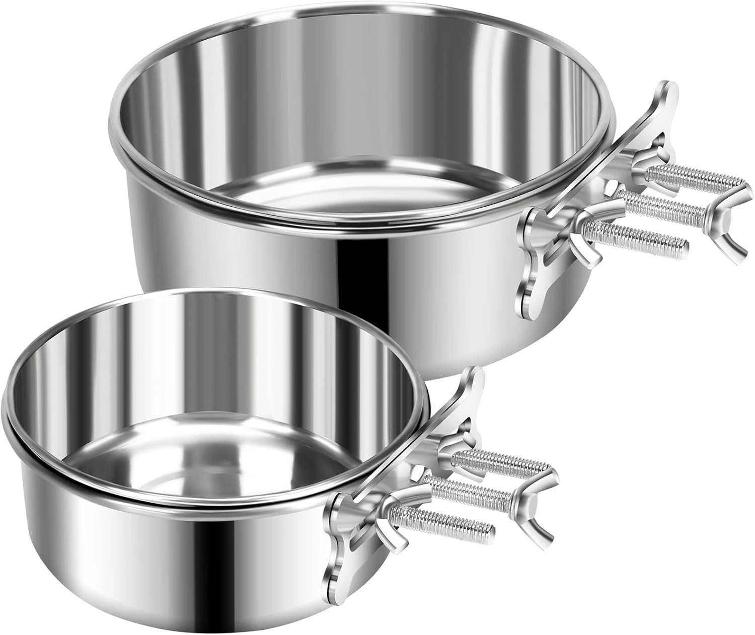 Yummy Sam 2 cuencos pequeños para comida y agua para perros con soporte de abrazadera mejorado, cuencos colgantes de acero inoxidable detectables