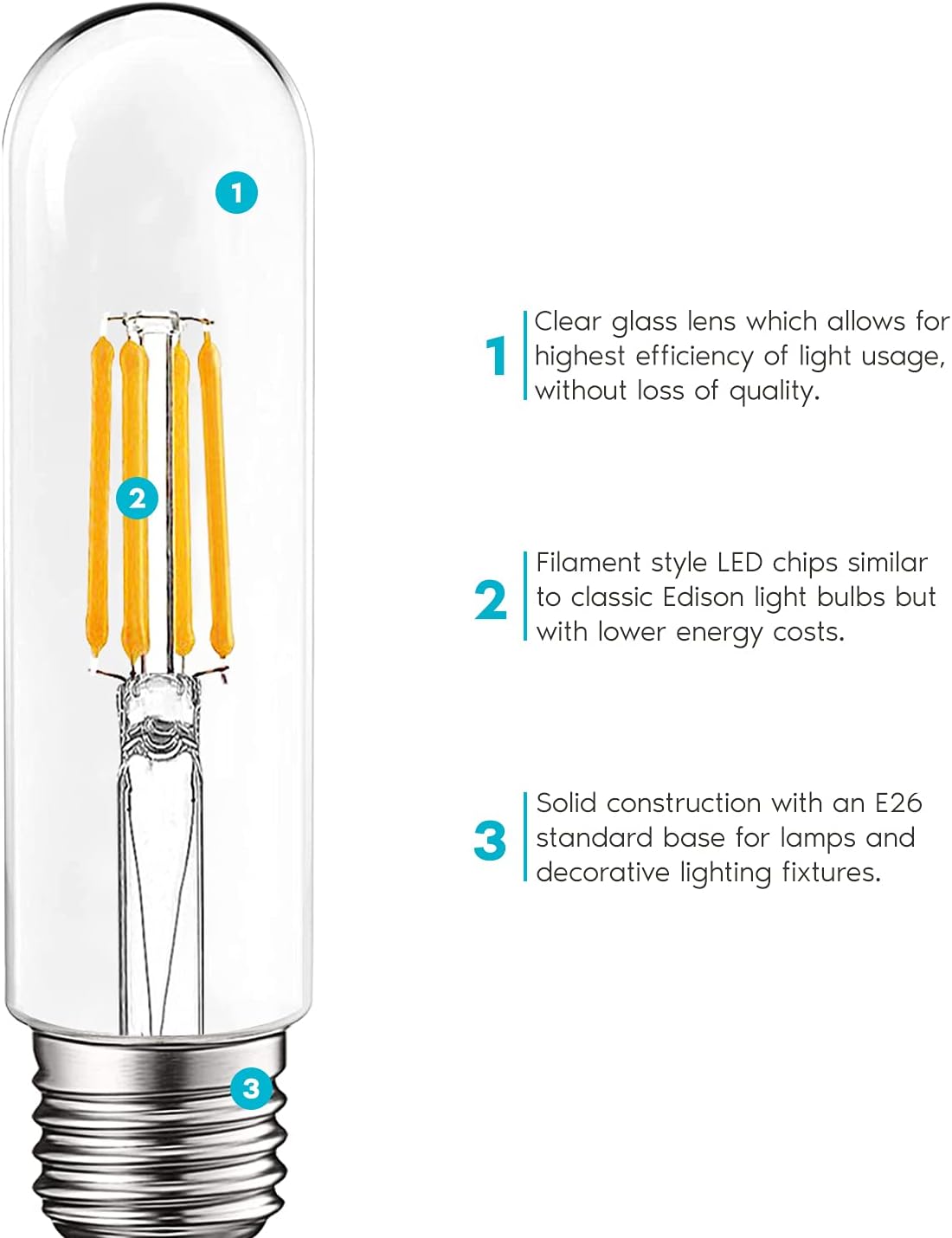 LUXRITE Bombilla LED T10, equivalente a 5 W  60 W, blanco suave de 3000 K, bombilla de filamento Edison vintage, 500 lúmenes, bombilla tubular,