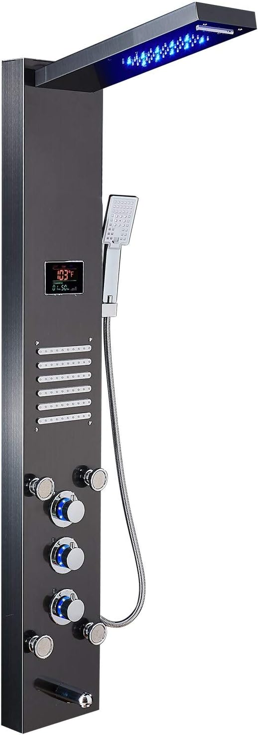Torre de panel de ducha LED, cabezal de ducha de cascada con sistema de ducha de chorros corporales de masaje, negro.