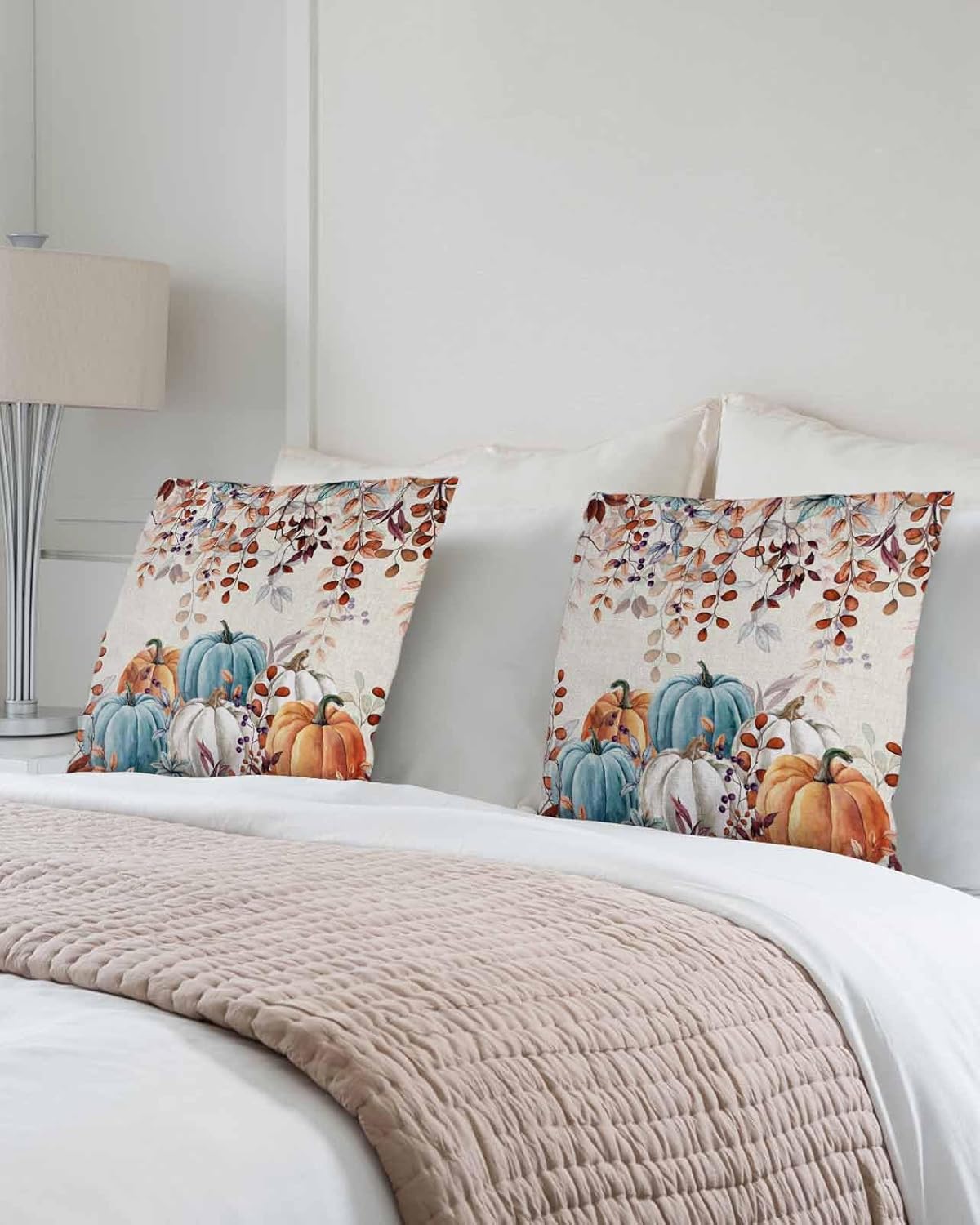 Paquete de 2 fundas de almohada decorativas para sofá, retro, otoño, naranja, blanco, azul, cosecha, hojas de calabaza, 18 x 18 pulgadas, fundas de