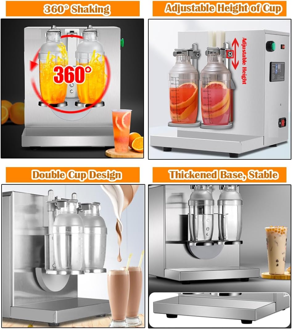 INTBUYING Bubble Boba Milk Tea Shaking Machine, acero inoxidable doble estación Auto Milk Tea Shaker, licuadora de mezcla de té de ordeño con 2