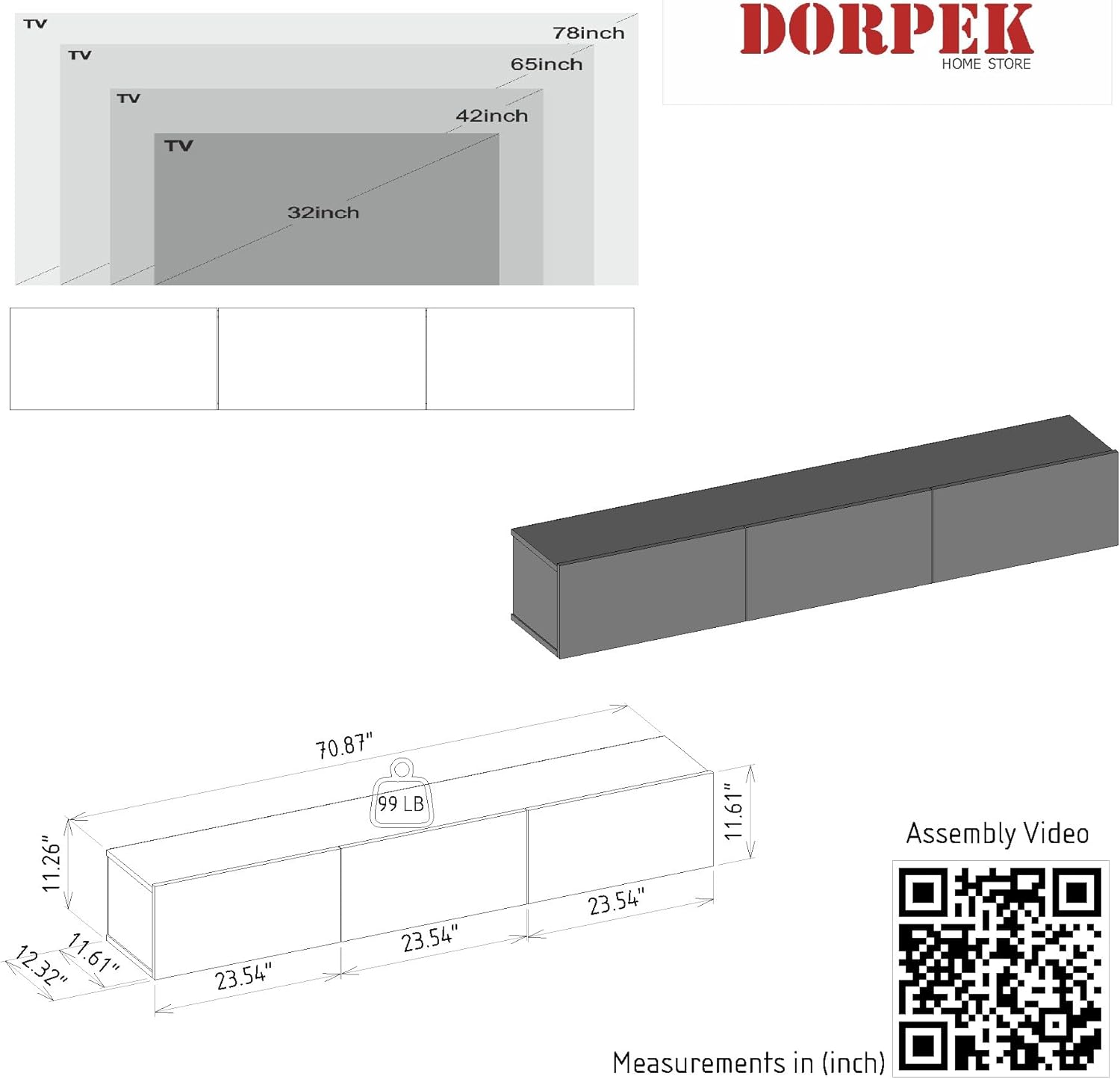 DORPEK Picasso – Soporte de TV flotante para televisores de hasta 78 pulgadas, armario de TV montado en la pared con 2 cajones, mueble de pared para