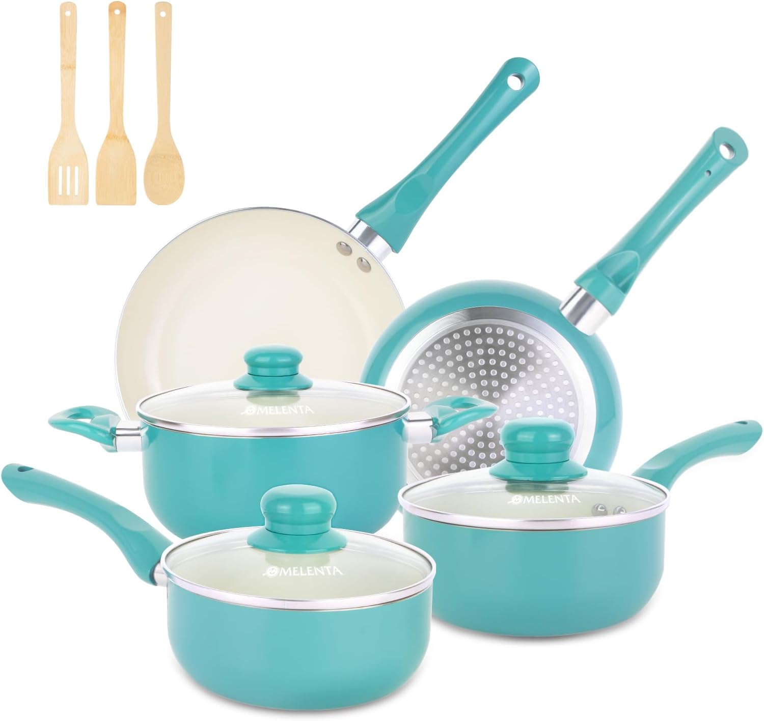 M MELENTA Juego de ollas y sartenes antiadherentes, 11 piezas de utensilios de cocina de inducción, juego de cocina antiadherente de cerámica, mango