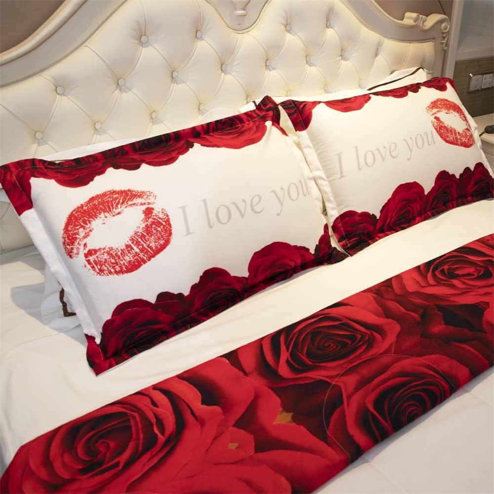 Juego de edredón 3D Queen  Juego de edredón con estampado de rosas rojas y blancas tamaño Queen, juego de ropa de cama con 2 fundas de almohada para