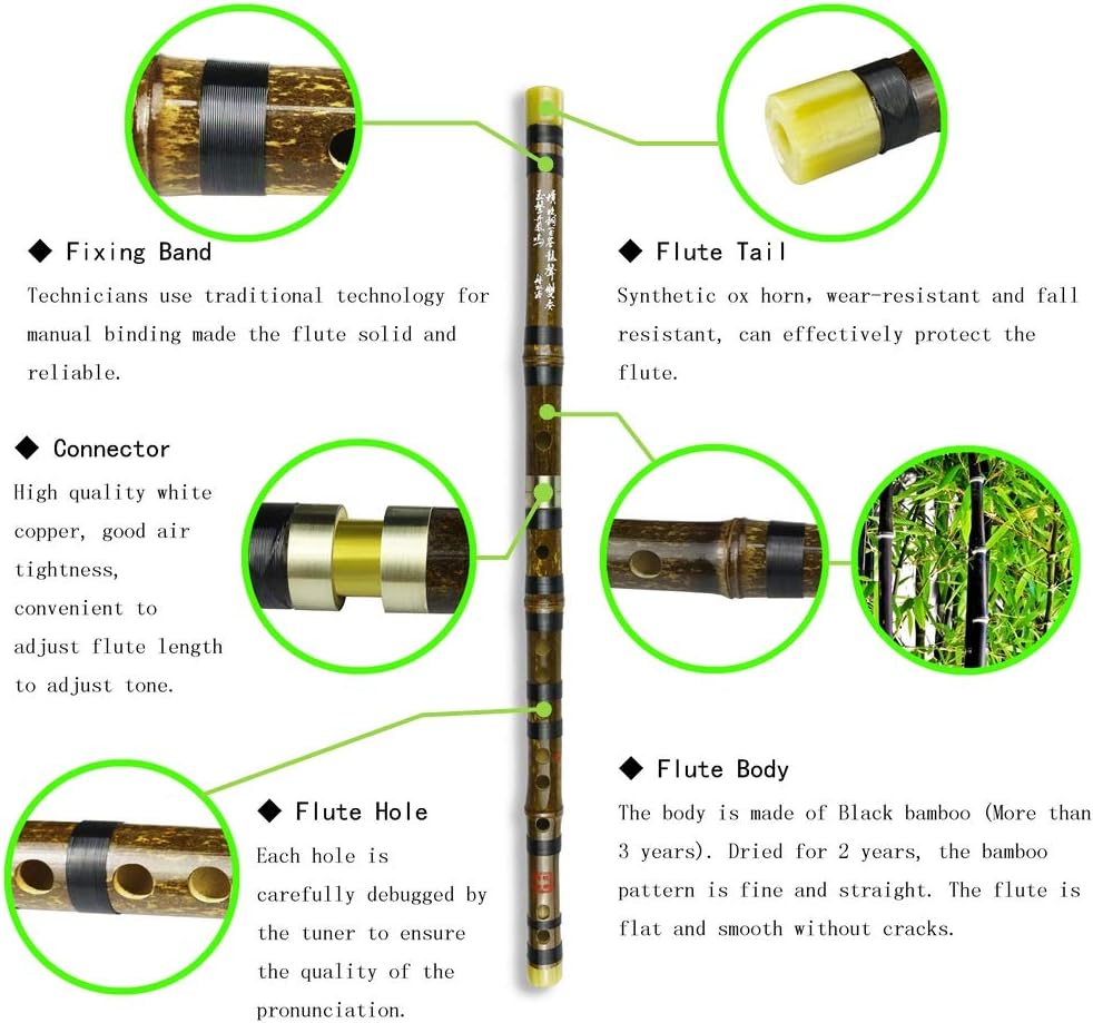 Flauta Dizi (clave de C, D, E, F, G), de bambú amargo, negra, para principiantes y profesionales, con juego de membrana, pegamento y protector. Este