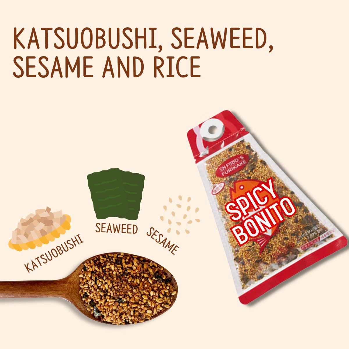 Furikake estilo japonés, Bonito picante de 1.76 onzas (paquete de 3)  Condimento de arroz sabor Umami con copos de algas marinas, semillas de