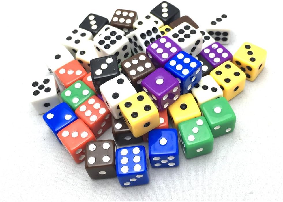 Paquete de 50 dados opacos D6 de seis caras de 0.472 pulgadas (0.472 in), color aleatorio (por lo menos 5 colores)
