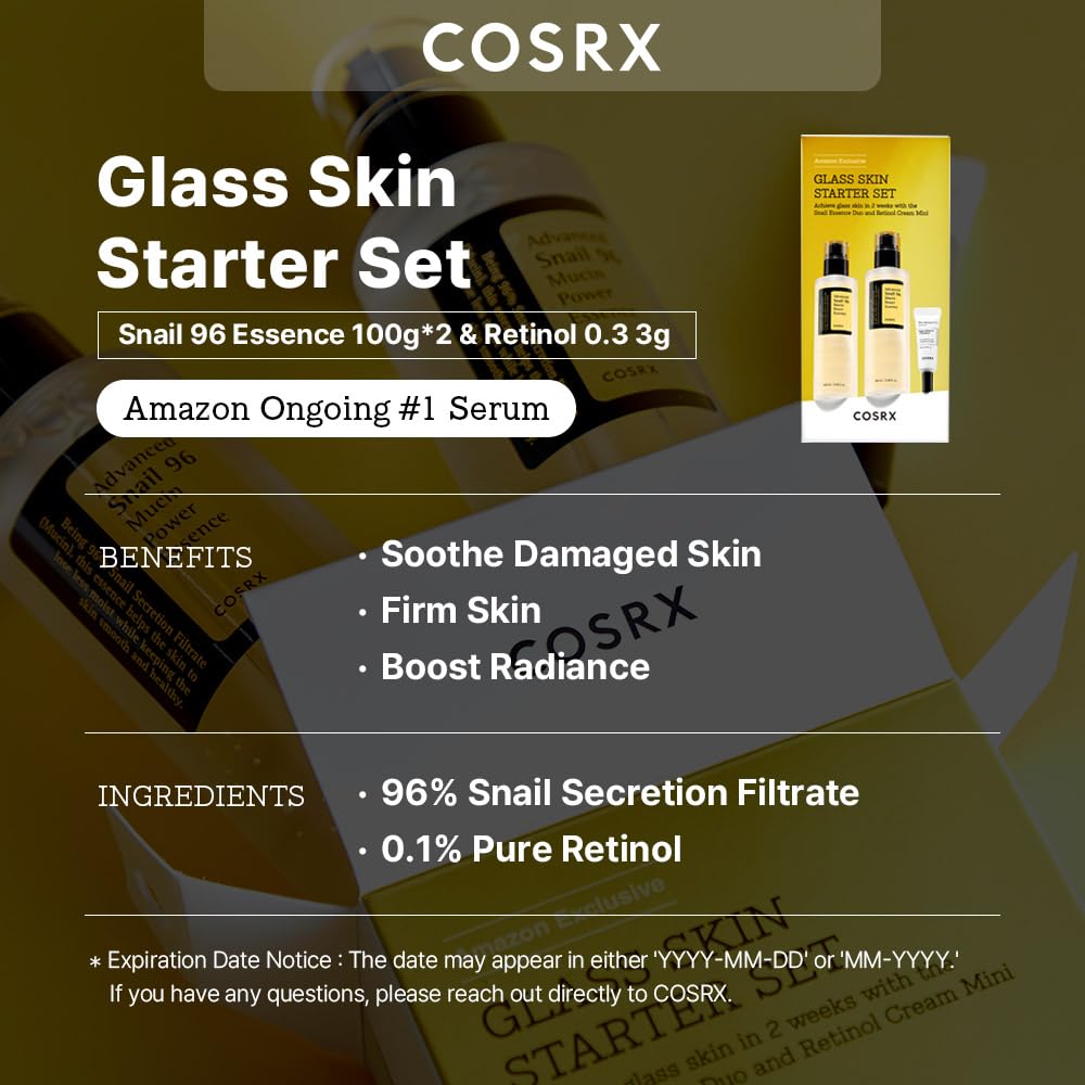 COSRX Juego de iniciación de Glass Skin para principiantes, Advanced Snail 96 Mucin Power Essence (3.38 onzas líquidas x 2) y Retinol 0.1 Cream Mini