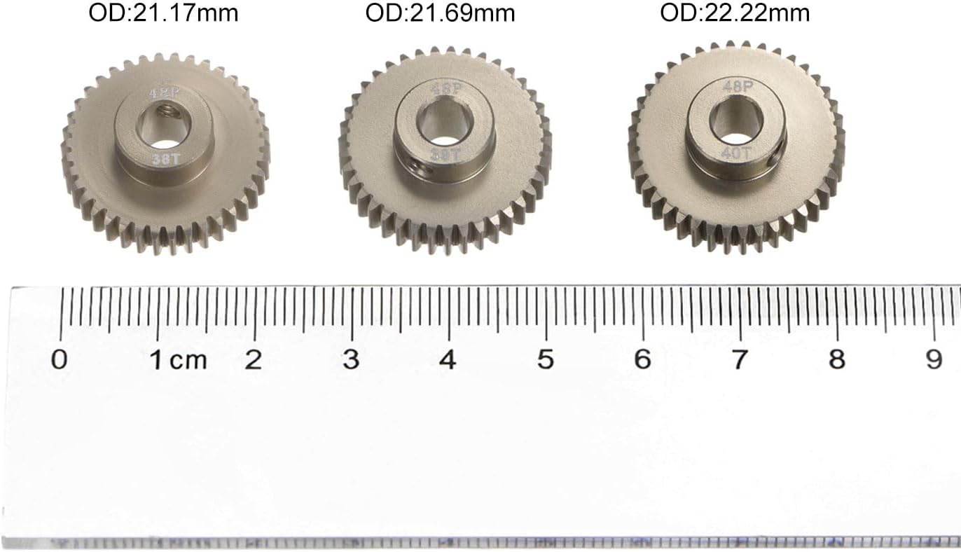 48P 7075 Aluminio Piñón Motor Gear Set 3pcs 38T 39T 40T Fit 0.197 in RC Motor Eje 48 engranajes de paso para coche RC, con llave hexagonal