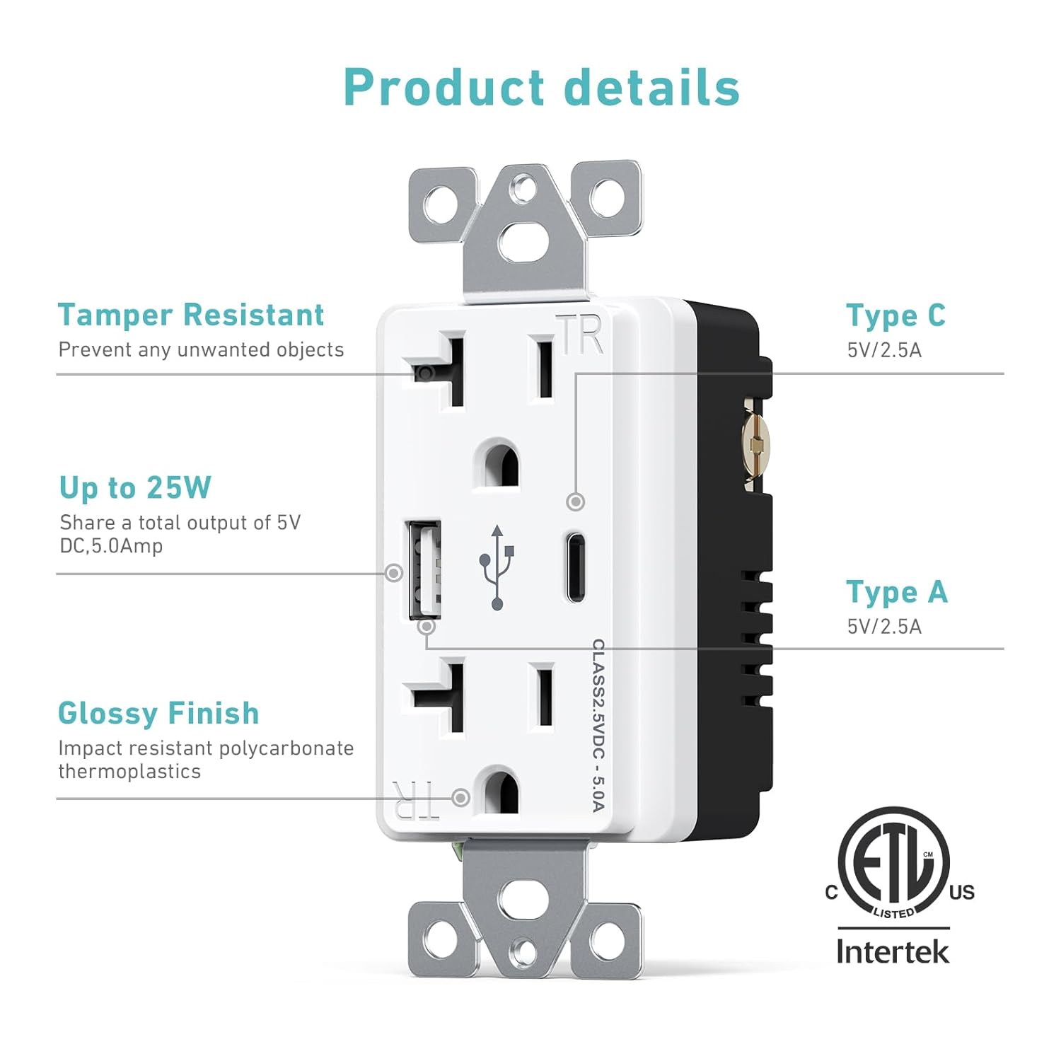 WEBANG Toma de corriente USB de pared, toma de cargador con puertos USB tipo A y tipo C de 5.0 amperios, receptáculo dúplex resistente a