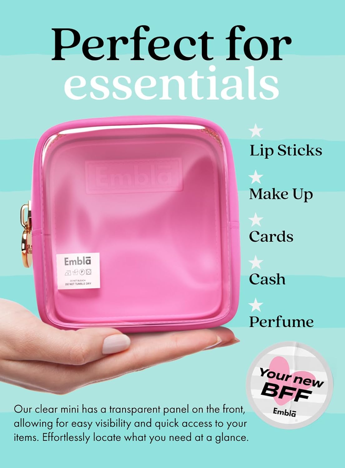 Embla Bolsa de maquillaje transparente para mujer, bolsa de cosméticos transparente, bolsas de cosméticos con cremallera, lindas bolsas de nailon