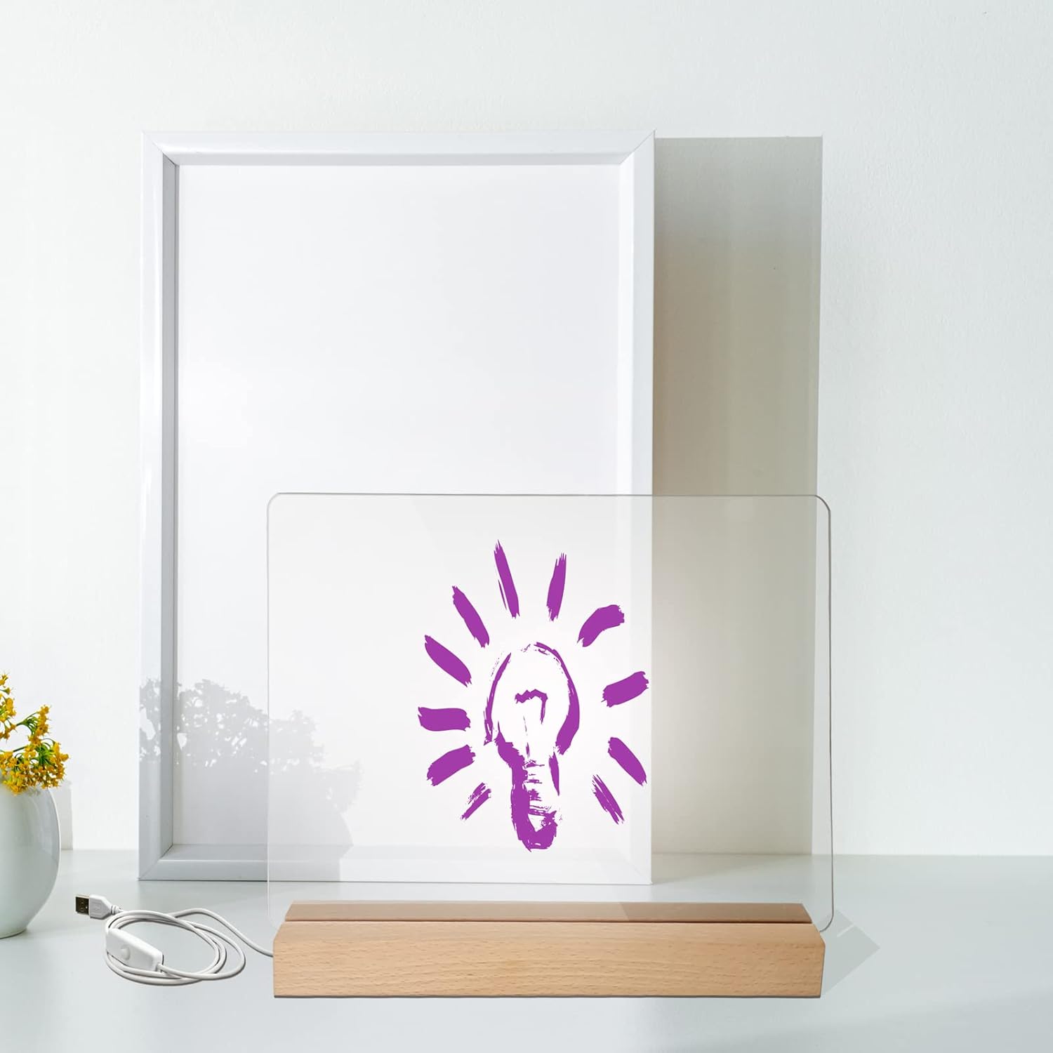 Pizarra acrílica de borrado en seco con luz, pizarra blanca transparente de 12 x 10 pulgadas con soporte para escritorio, tableta de notas de