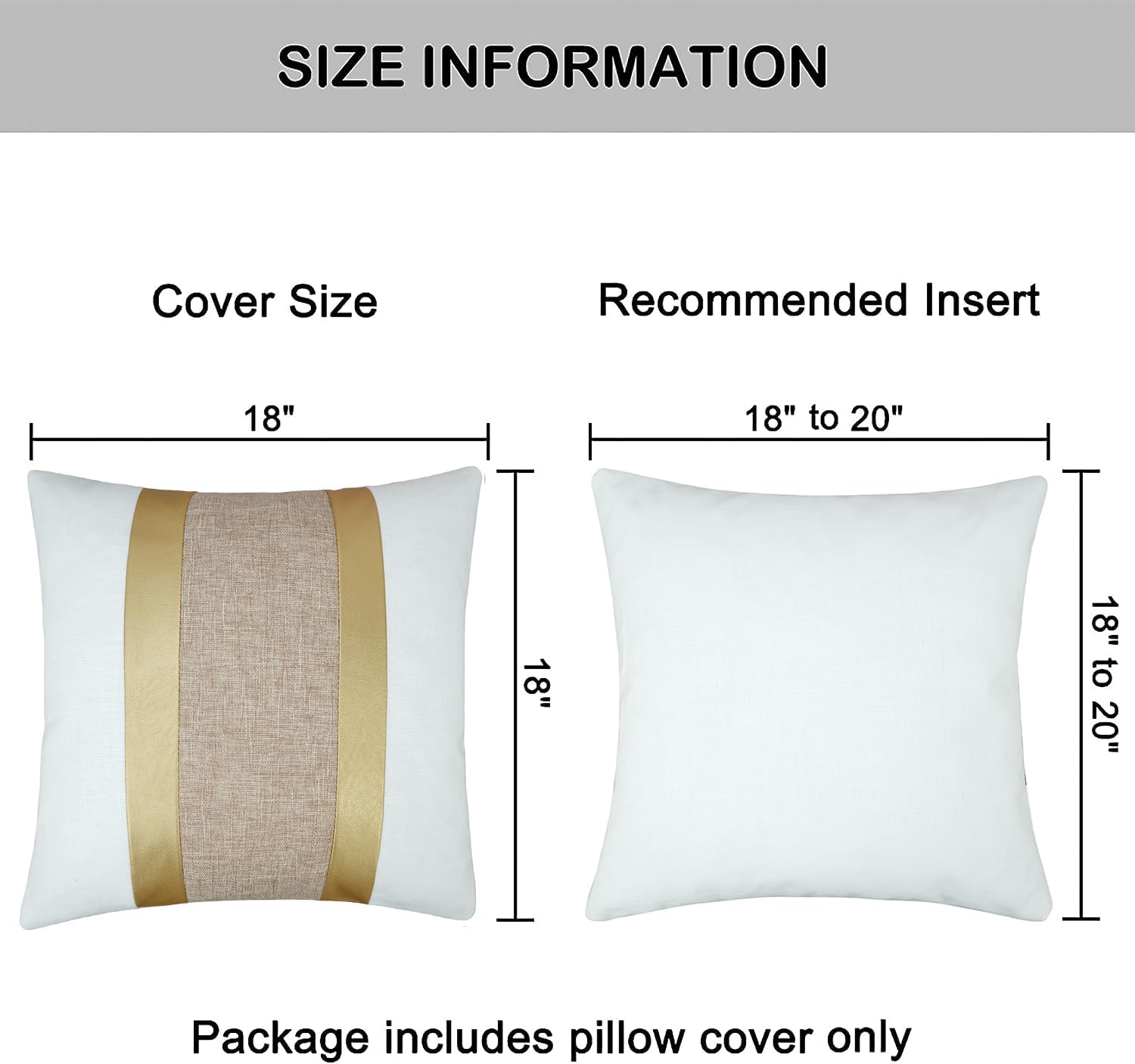 Juego de 2 fundas de almohada de piel sintética y algodón de 18 x 18 pulgadas, fundas de almohada decorativas blancas y camello con retazos de rayas