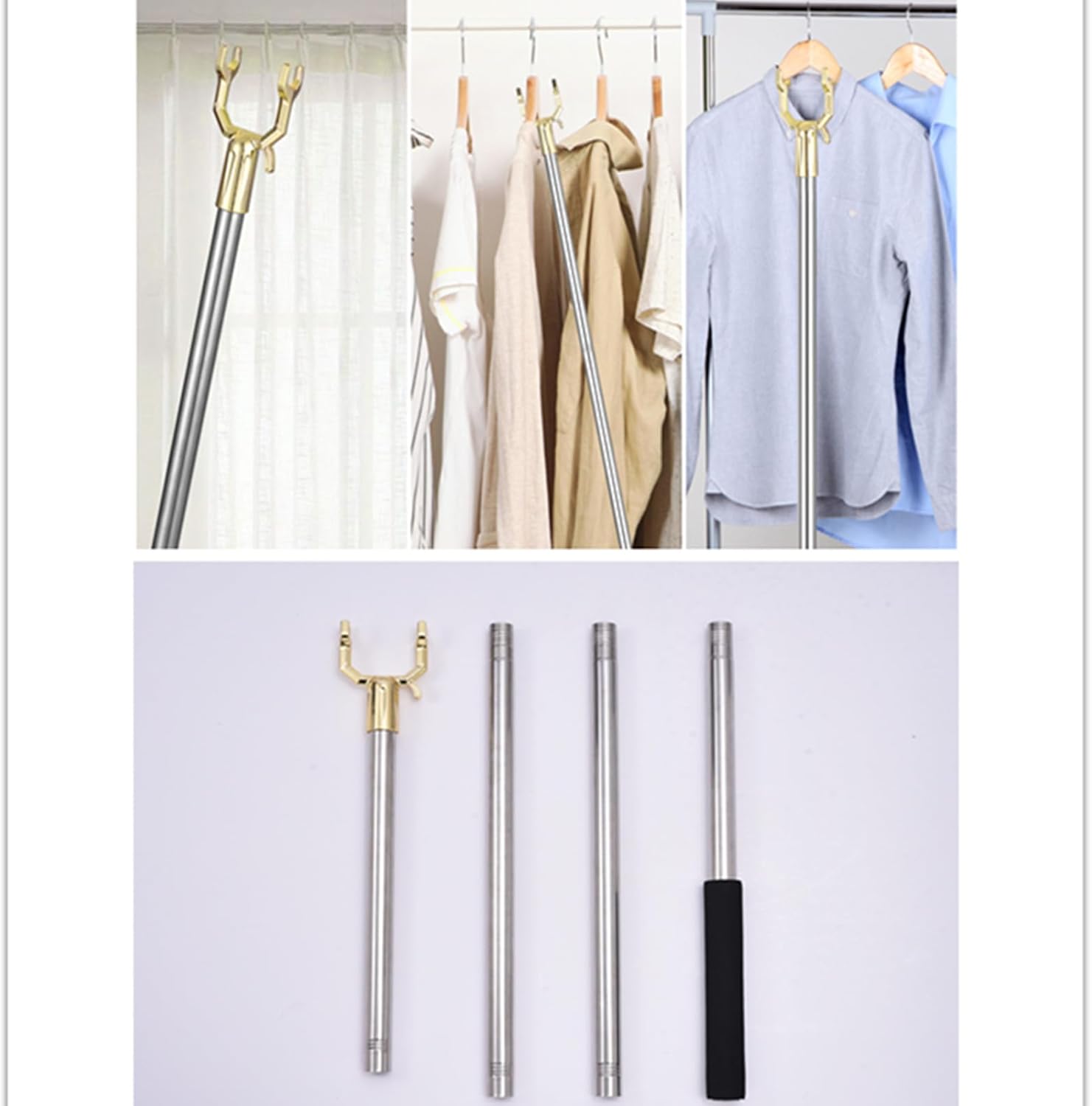 Varilla de gancho ajustable extendida de 59 pulgadas con práctico gancho para percha, gancho de ropa de brazo alto, barra de apertura de ventana,