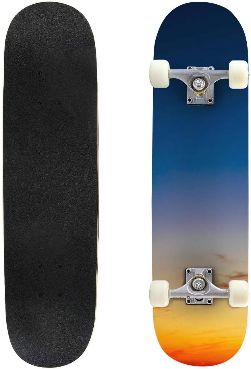 Patinetas cóncavas de doble patada de arce naranja amarillo azul Sunrise Sky Sunset para principiantes, 31 x 8 pulgadas, tablas cóncavas completas